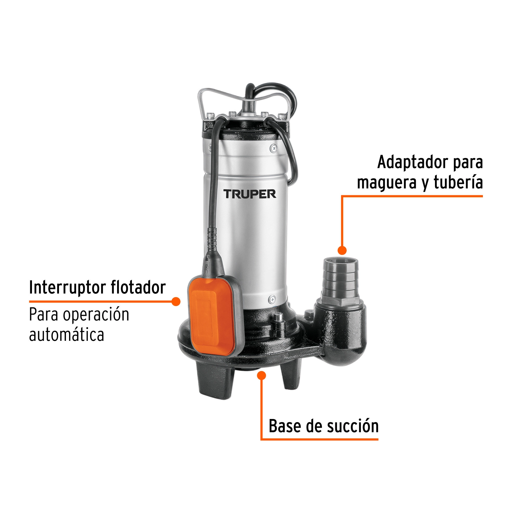 Bomba sumergible, 1 HP acero inox/hierro, para agua sucia