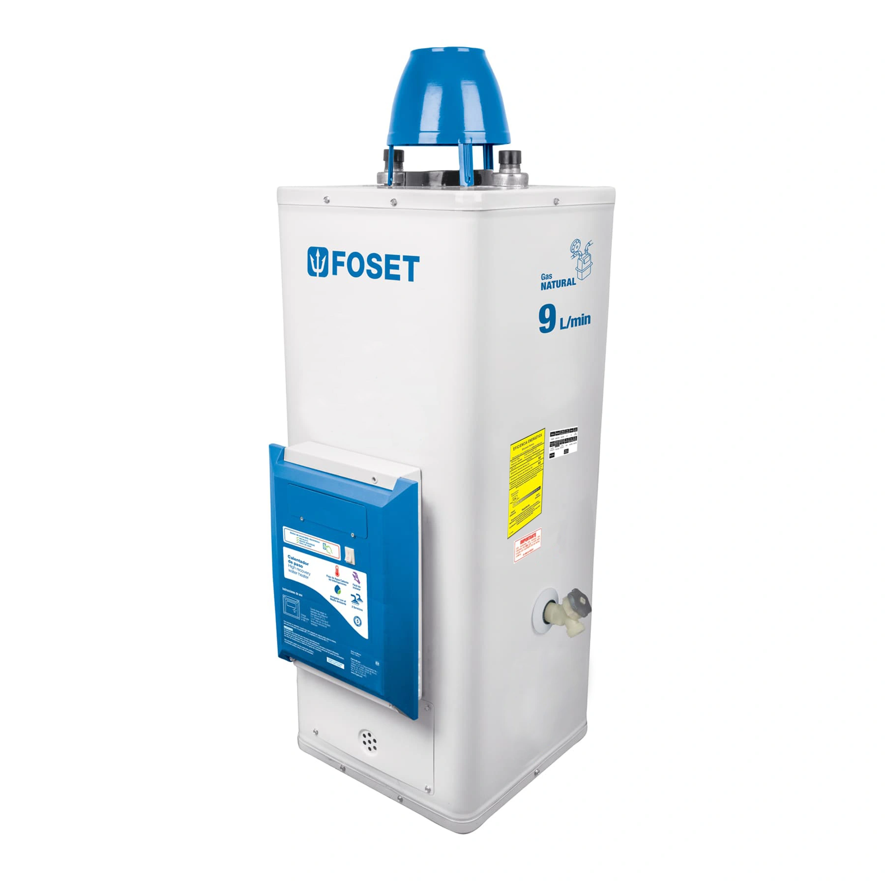 Calentador de paso, electrónico, 9L, 2 serv, gas nat, FOSET
