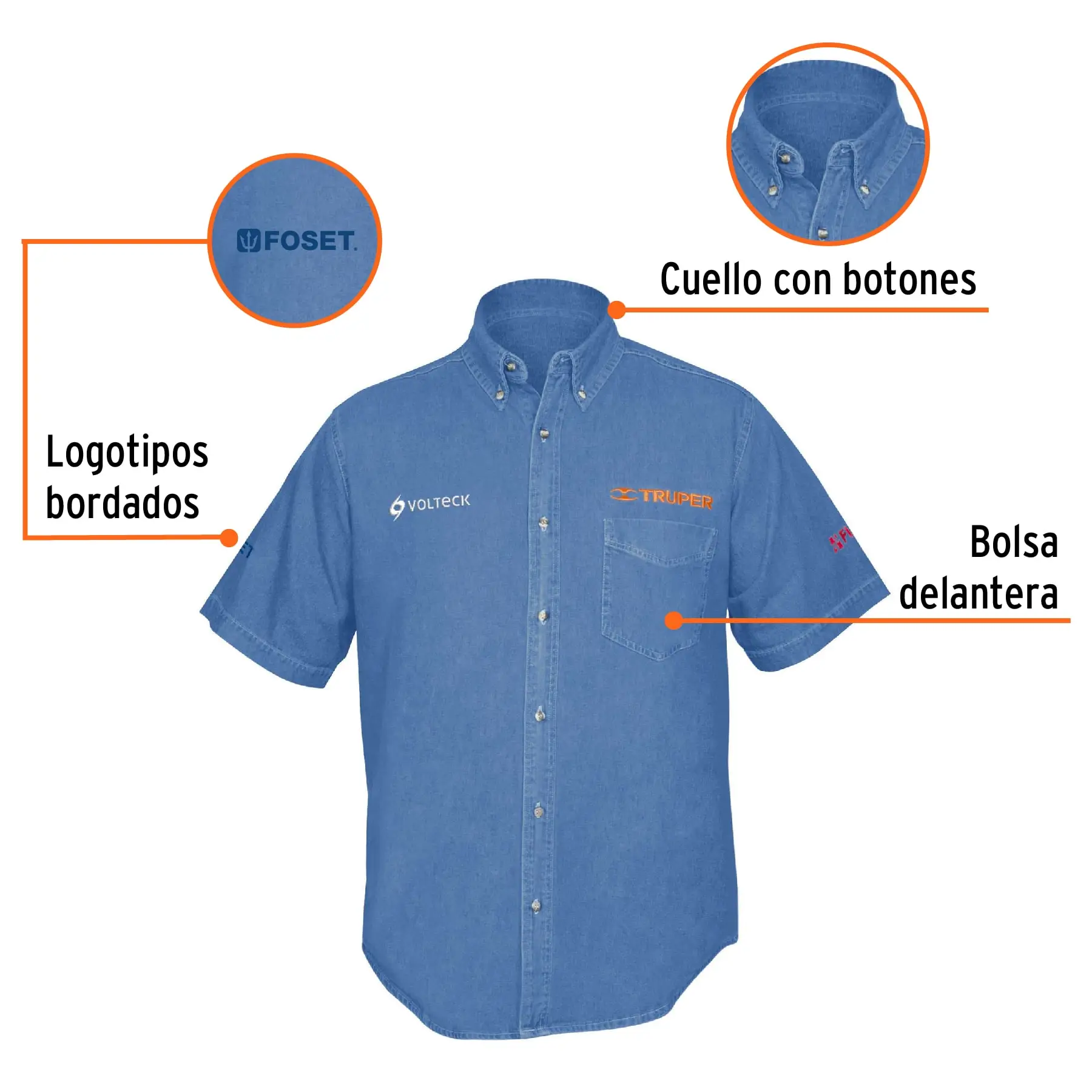 Camisa de mezclilla manga corta para hombre, M, TRUPER
