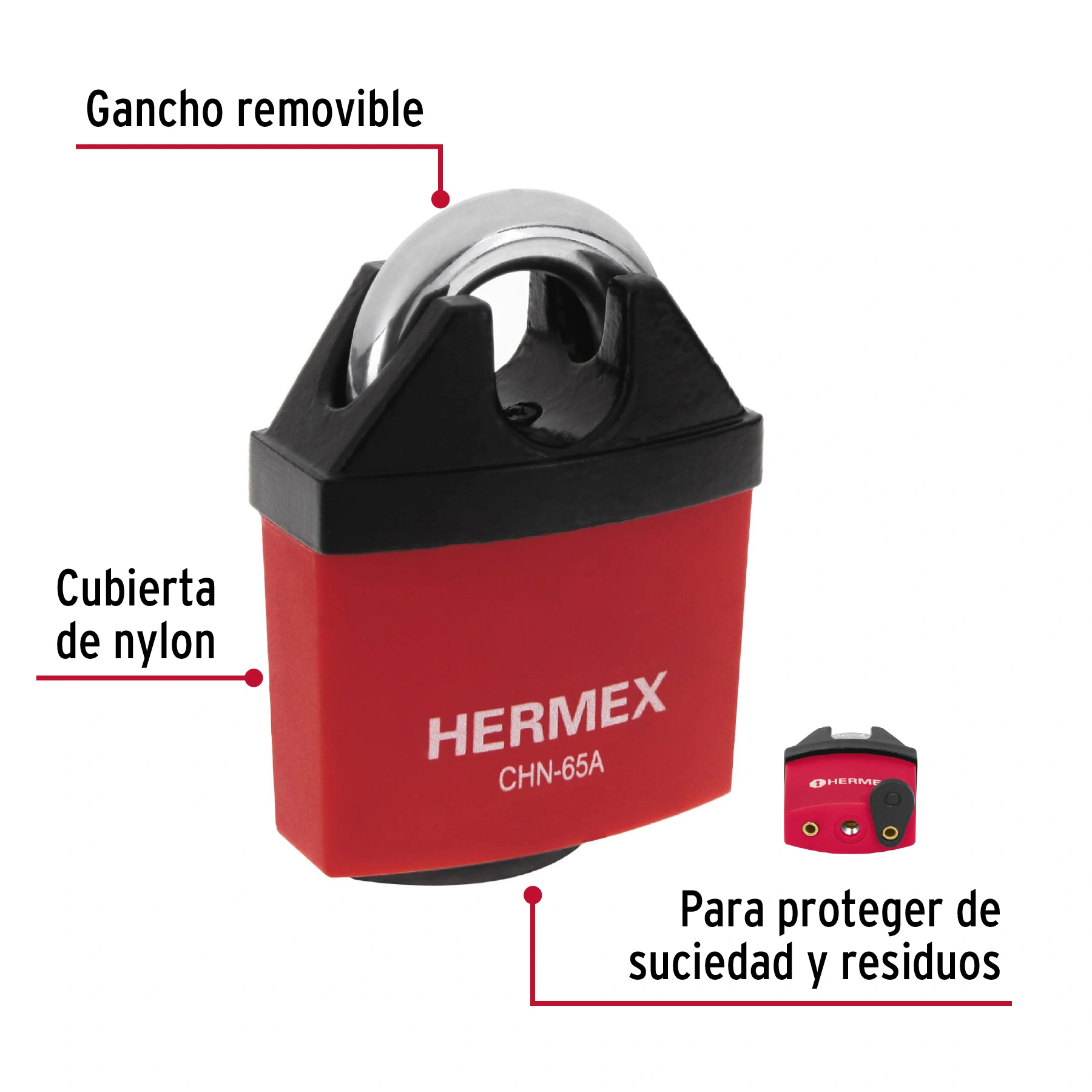 Candado de hierro 65 mm, gancho protegido, llave de disco