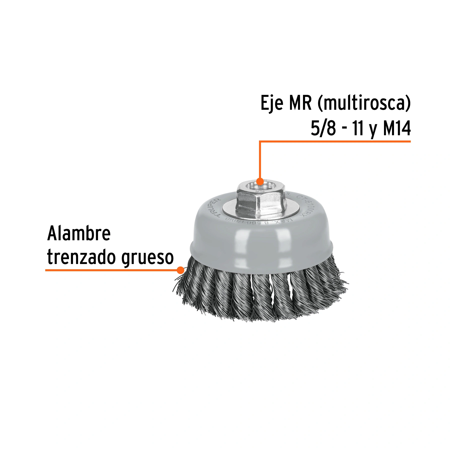 Carda copa 4' alambre trenzado grueso, Multi-rosca, TRUPER
