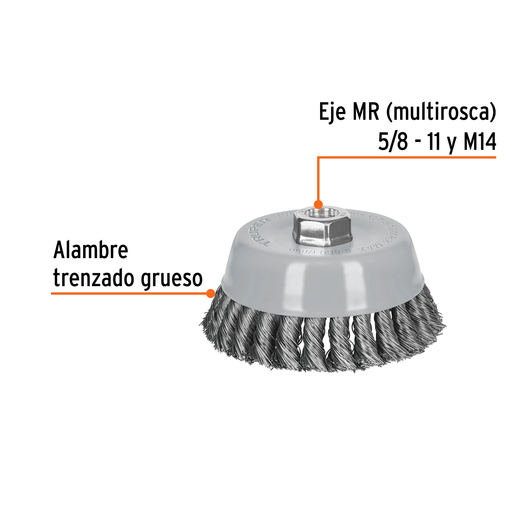 Carda copa 5' alambre trenzado grueso, Multi-rosca, TRUPER