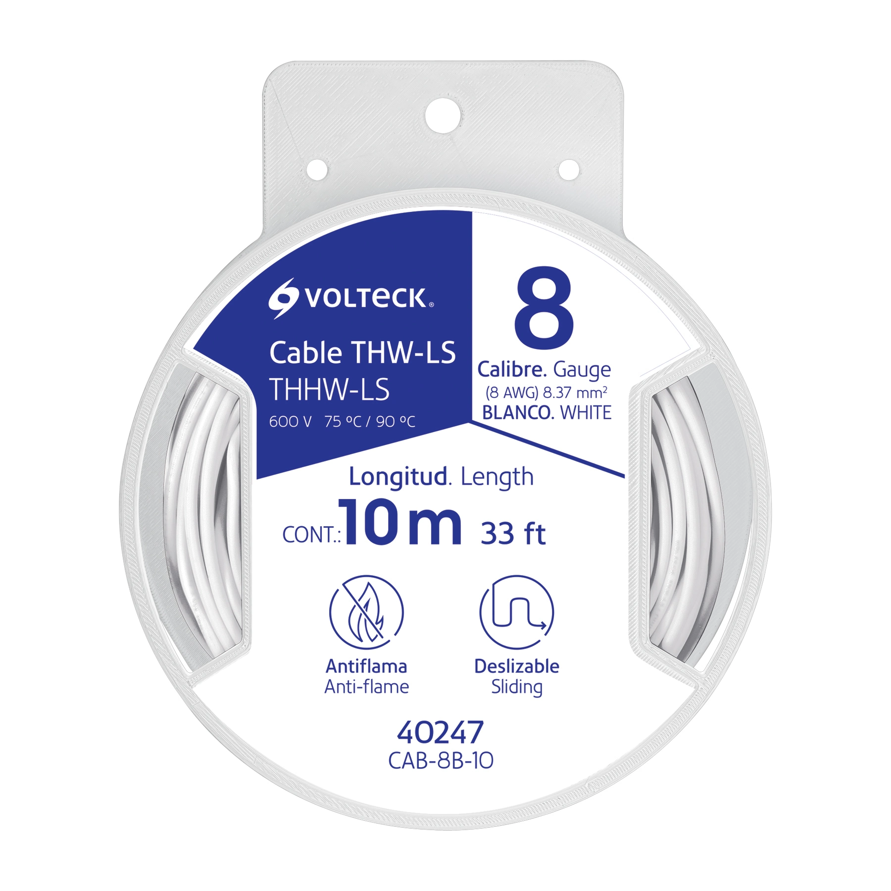 Carrete con 10 m de cable THHW-LS 8 AWG blanco, VOLTECK