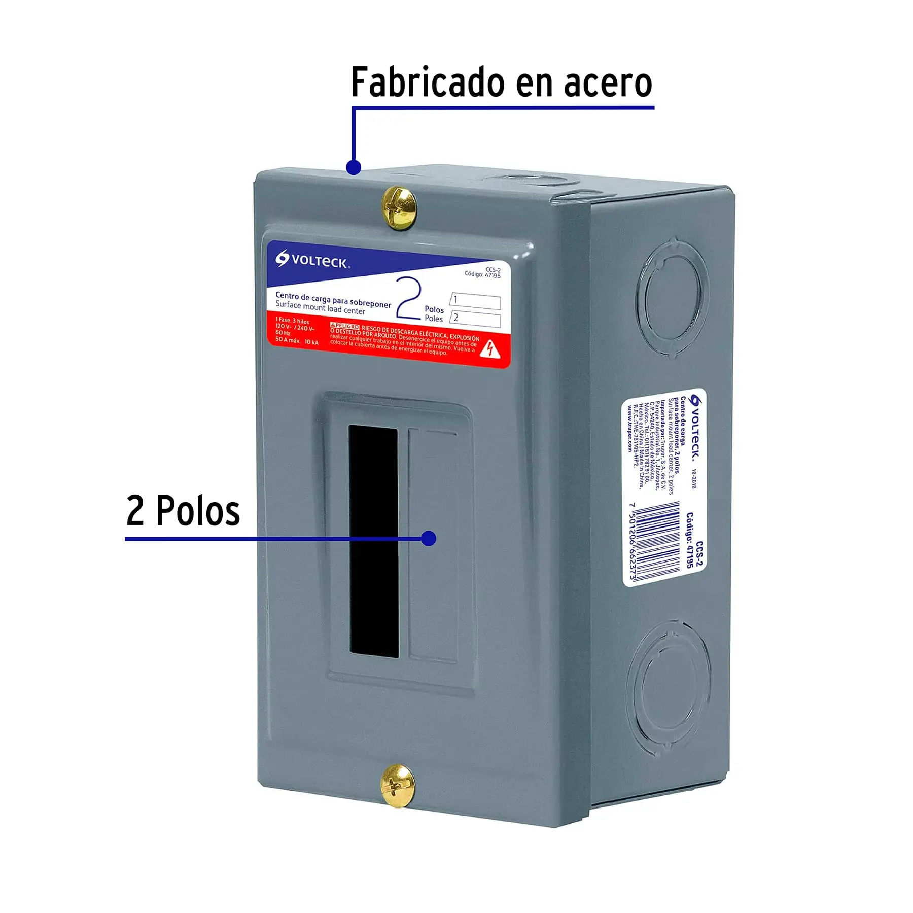 Centro de carga metálico 2 polos 50A de sobreponer, VOLTECK