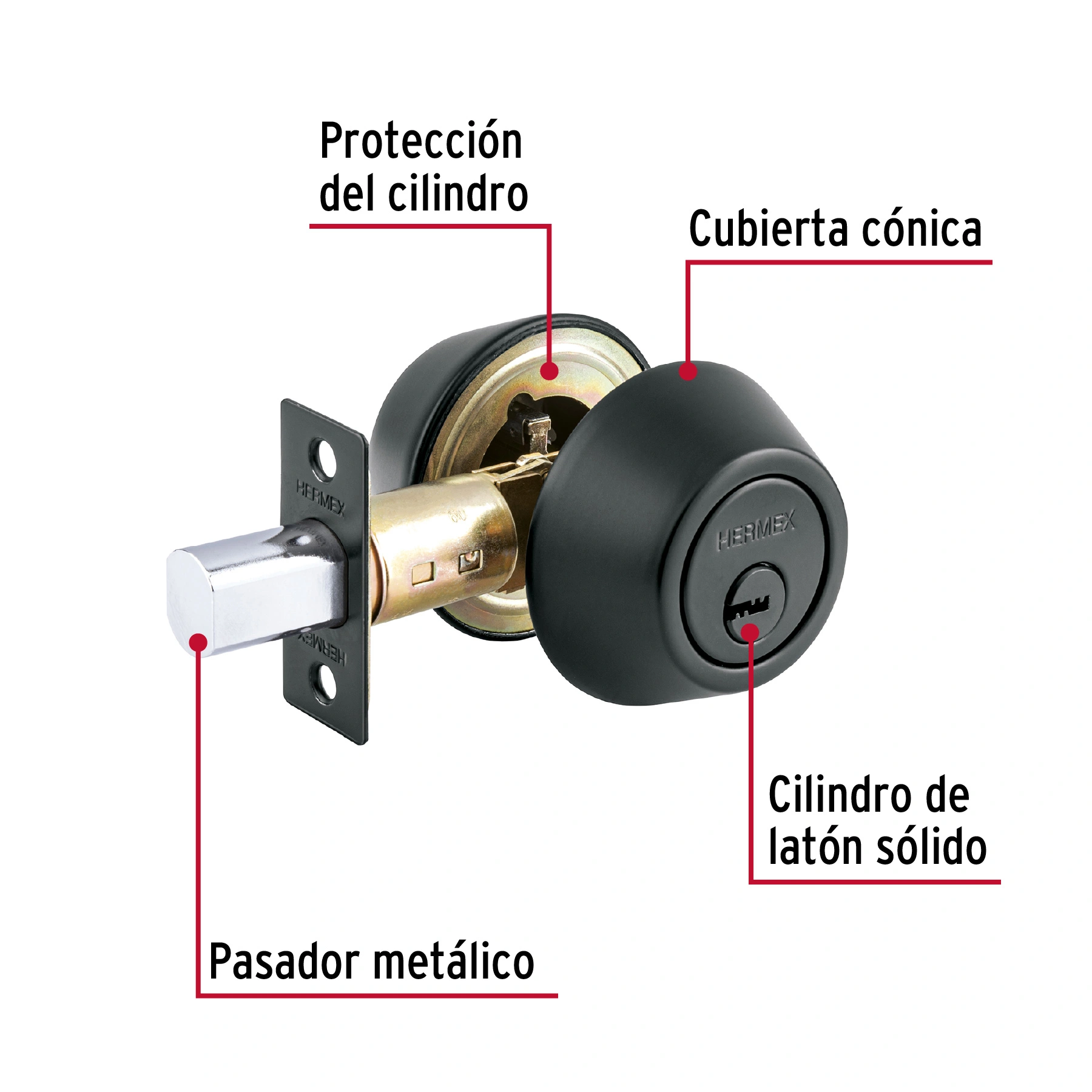Cerrojo llave-llave negro, llave puntos, HERMEX