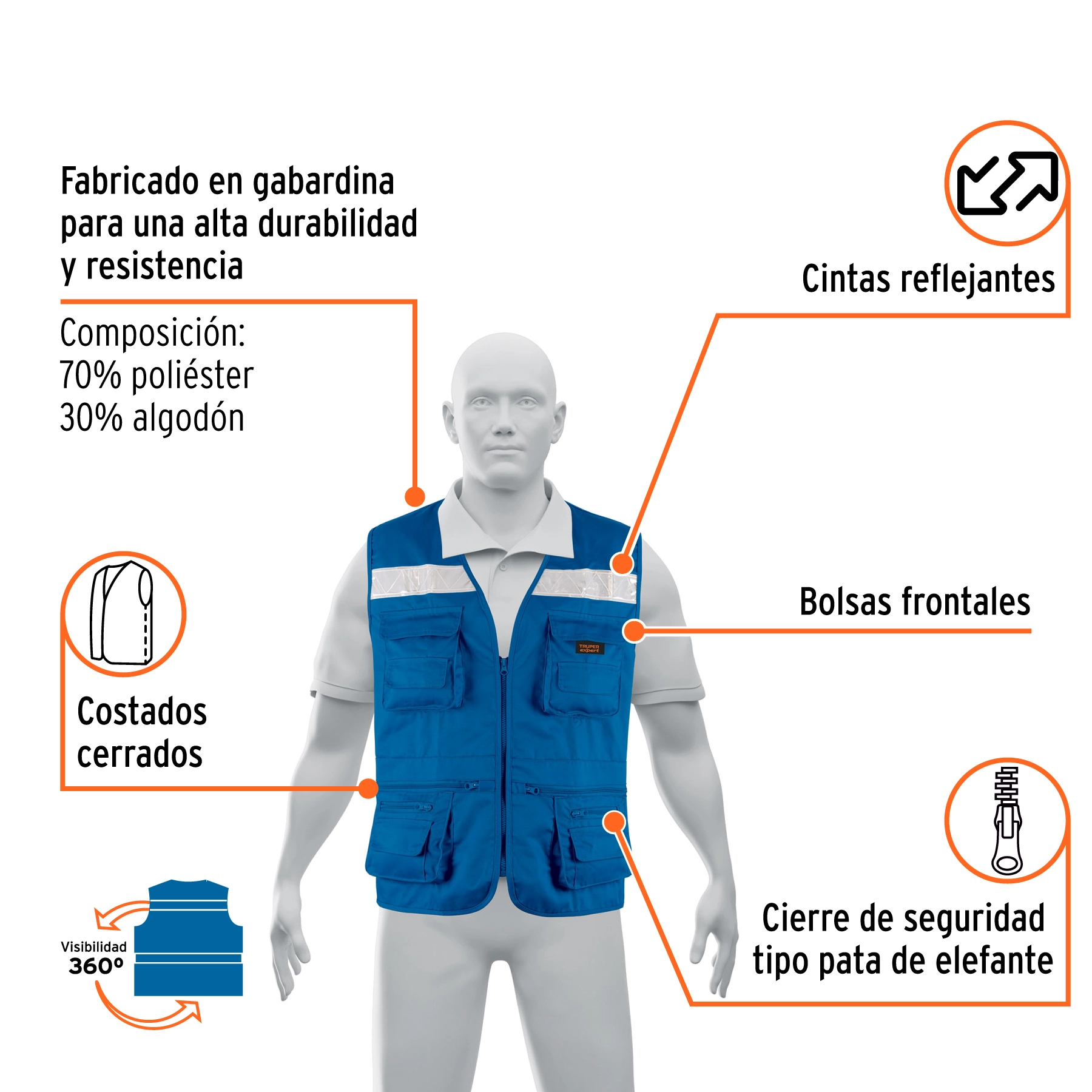 Chaleco brigadista reforzado, azul rey, G, TRUPER EXPERT