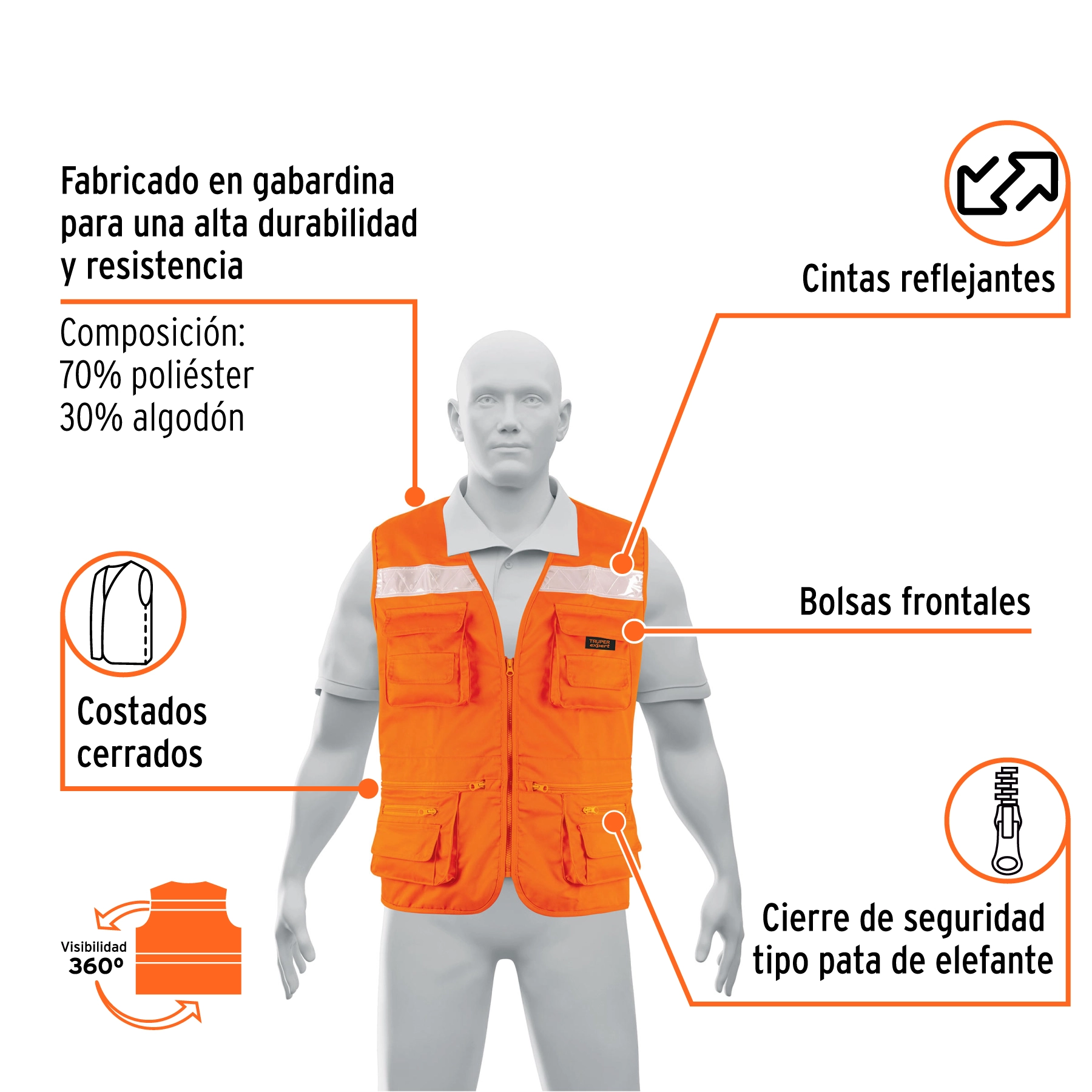 Chaleco brigadista reforzado, naranja, M, TRUPER EXPERT