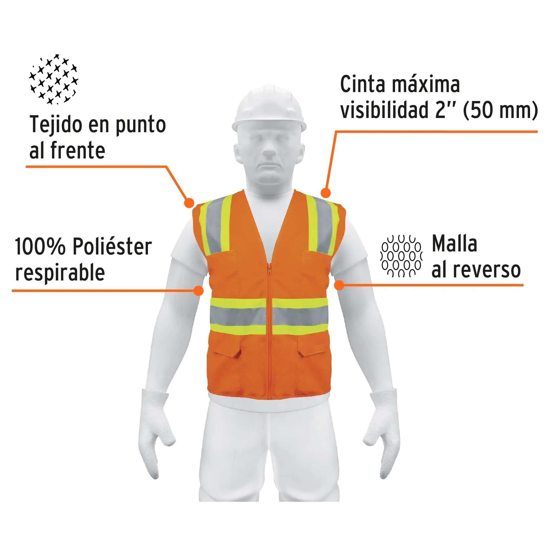 Chaleco de seguridad naranja máxima visibilidad y 6 bolsas