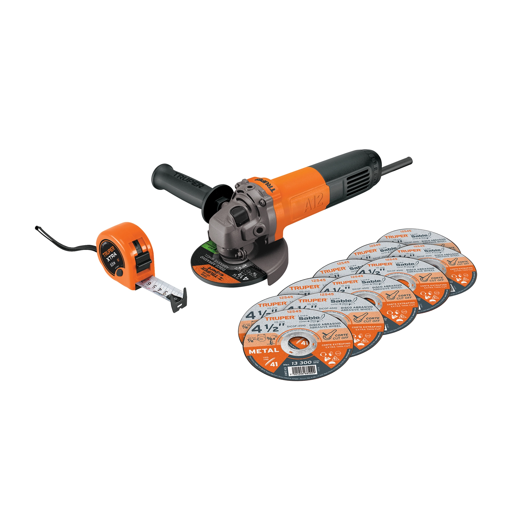 Combo esmeriladora 4-1/2', 700W, discos y flexómetro, PRO