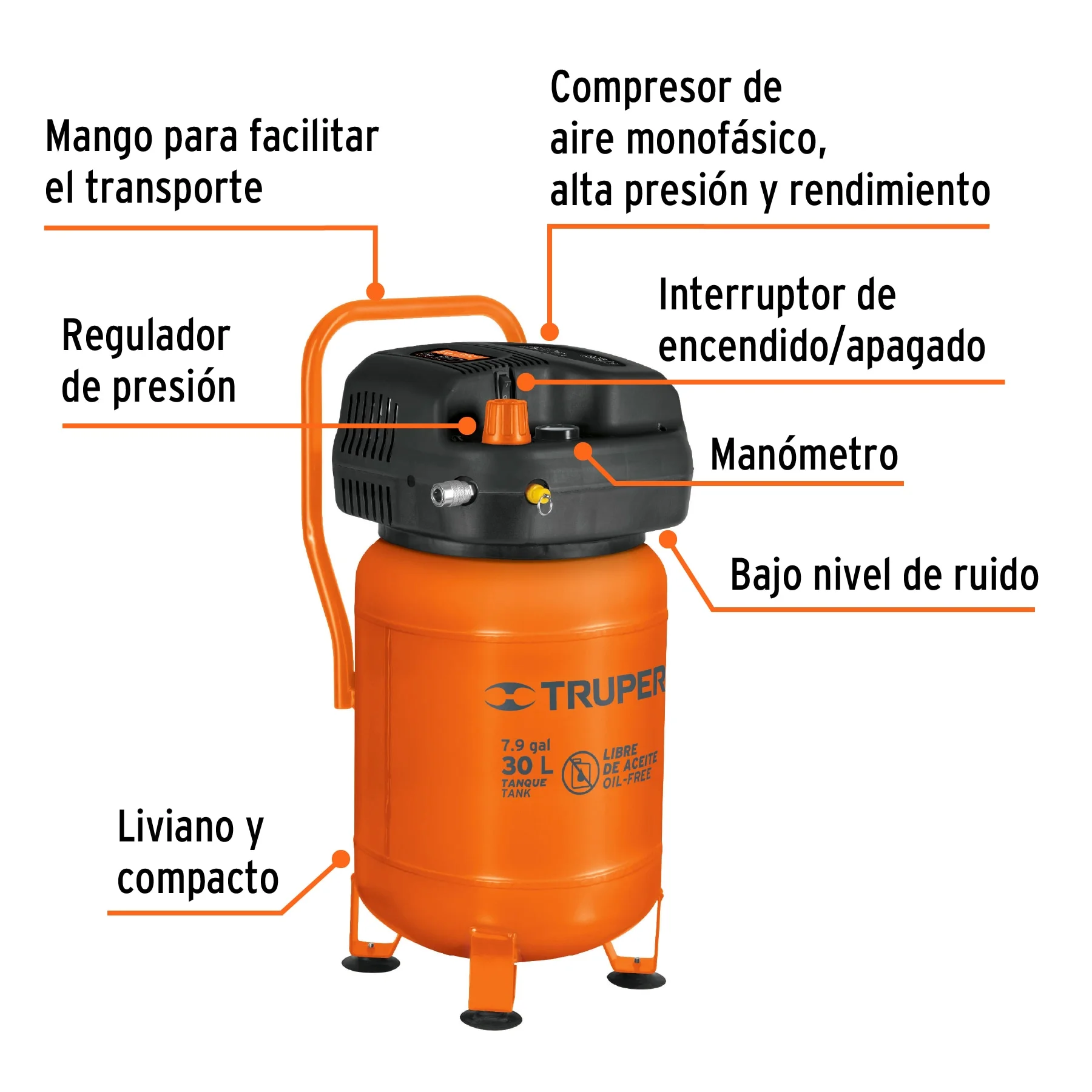 Compresor libre de aceite, 30L, 3HP, vertical, 127V, TRUPER