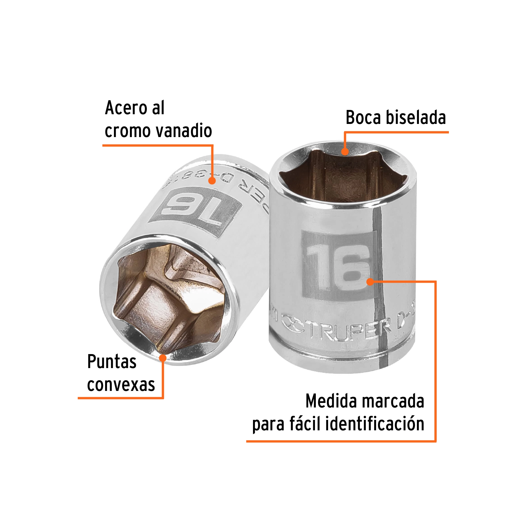 Dado de 16 mm, 6 puntas, cuadro 3/8', TRUPER