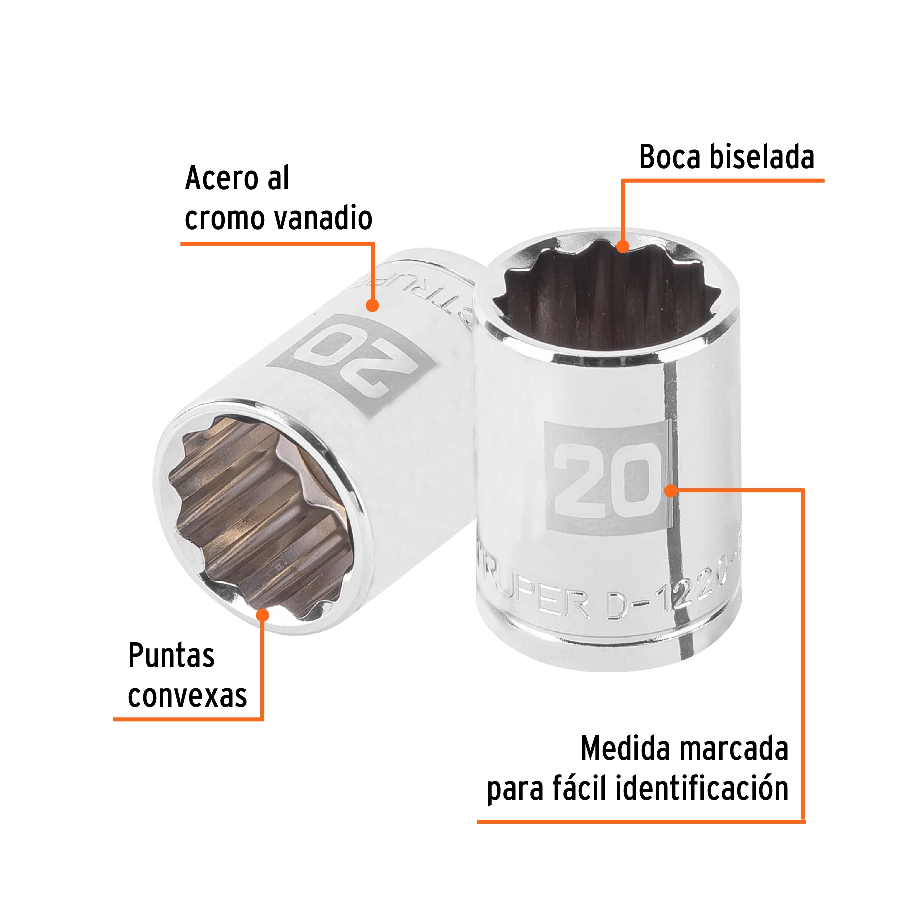 Dado de 20 mm, 12 puntas, cuadro 1/2', TRUPER
