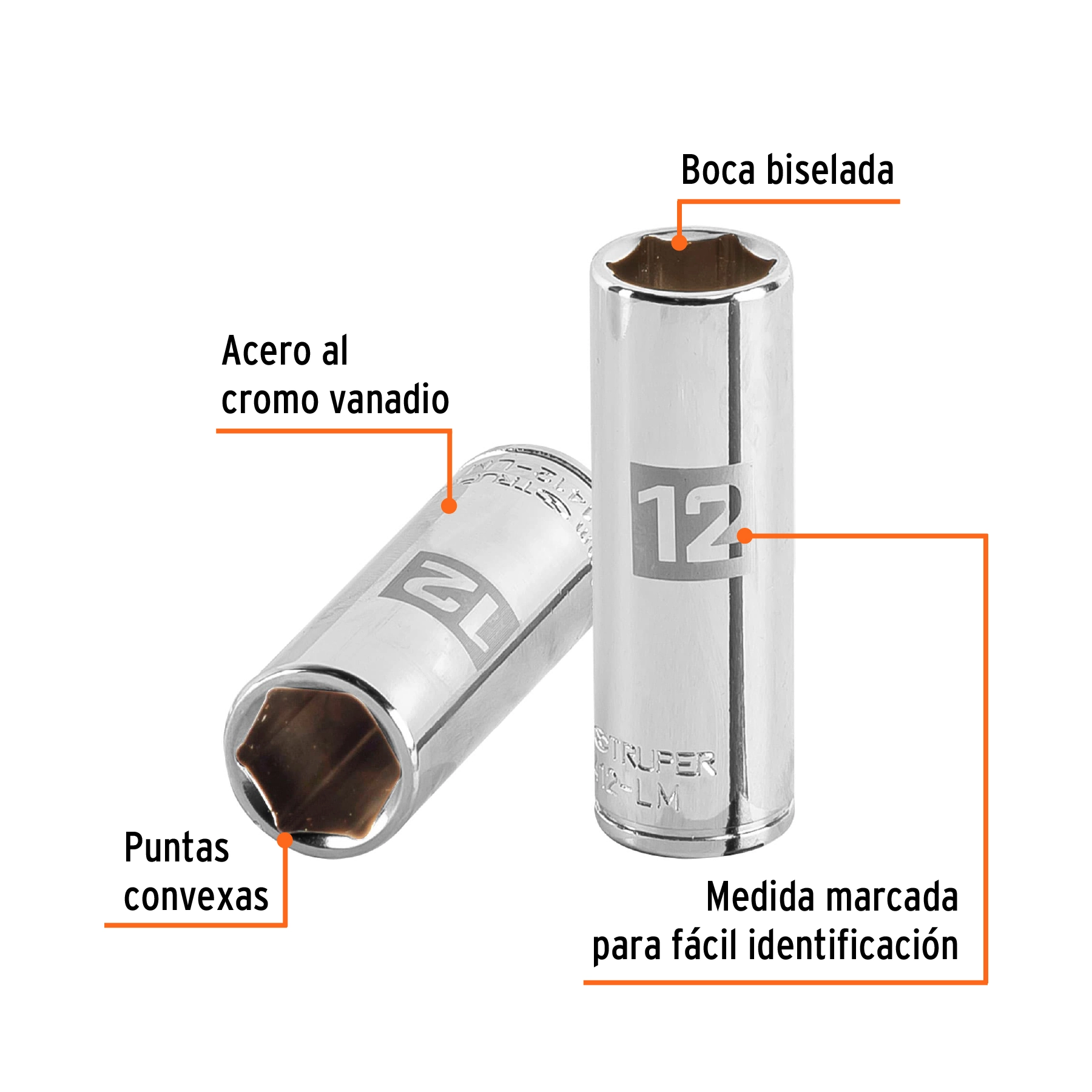 Dado largo de 12 mm, 6 puntas, cuadro 1/4', TRUPER