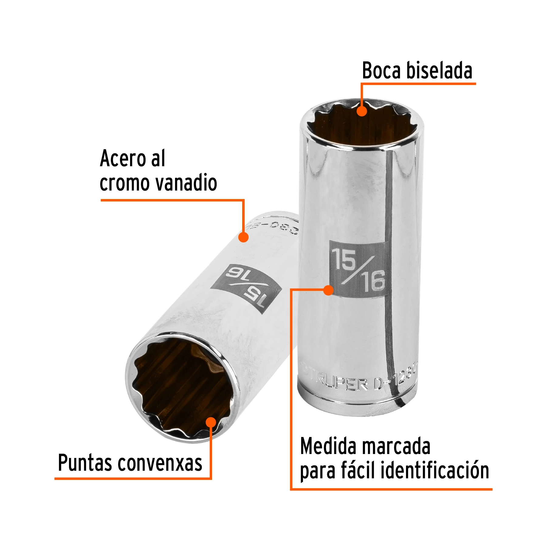 Dado largo de 15/16', 12 puntas, cuadro 1/2', TRUPER