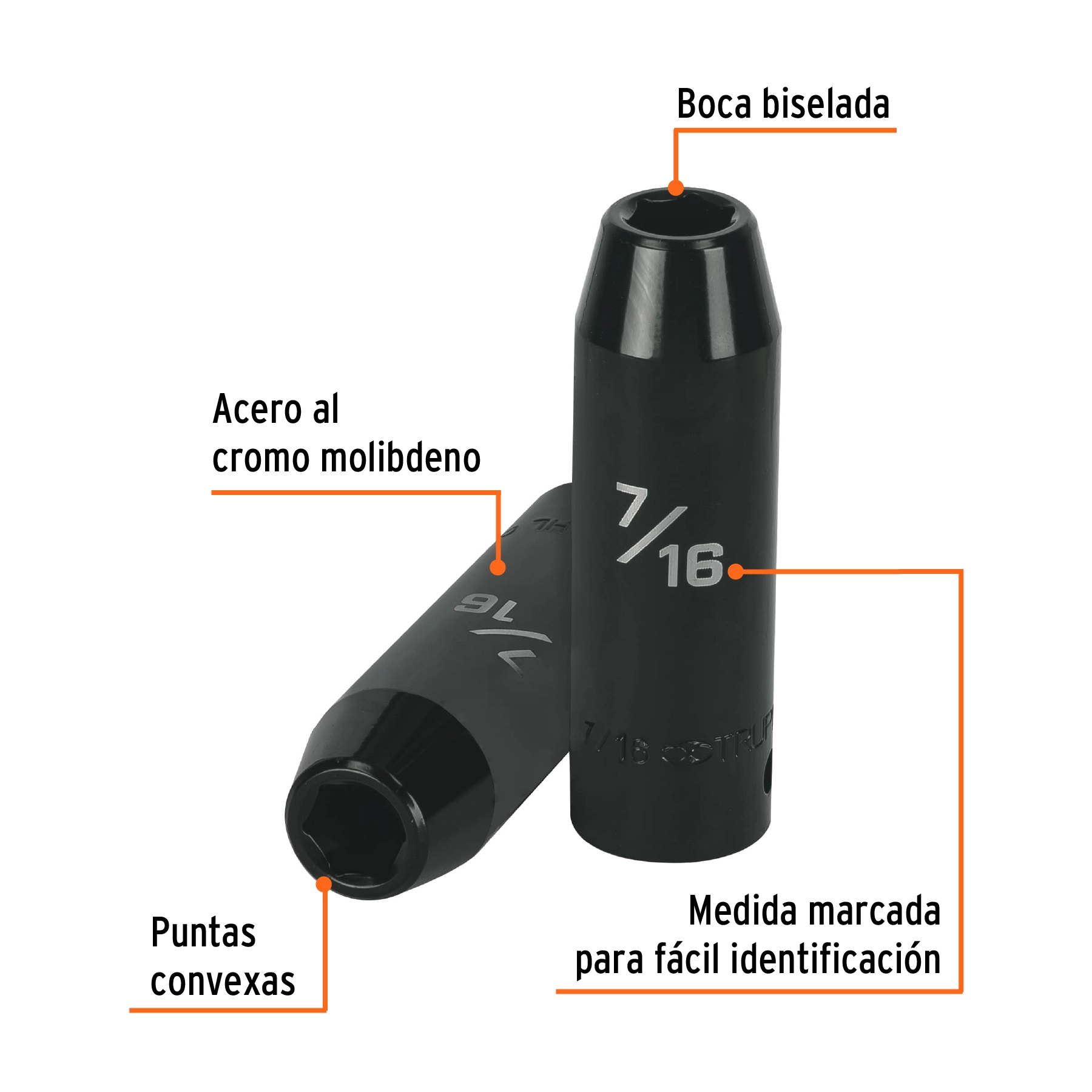Dado largo impacto de 7/16', 6 puntas, cuadro 1/2', TRUPER