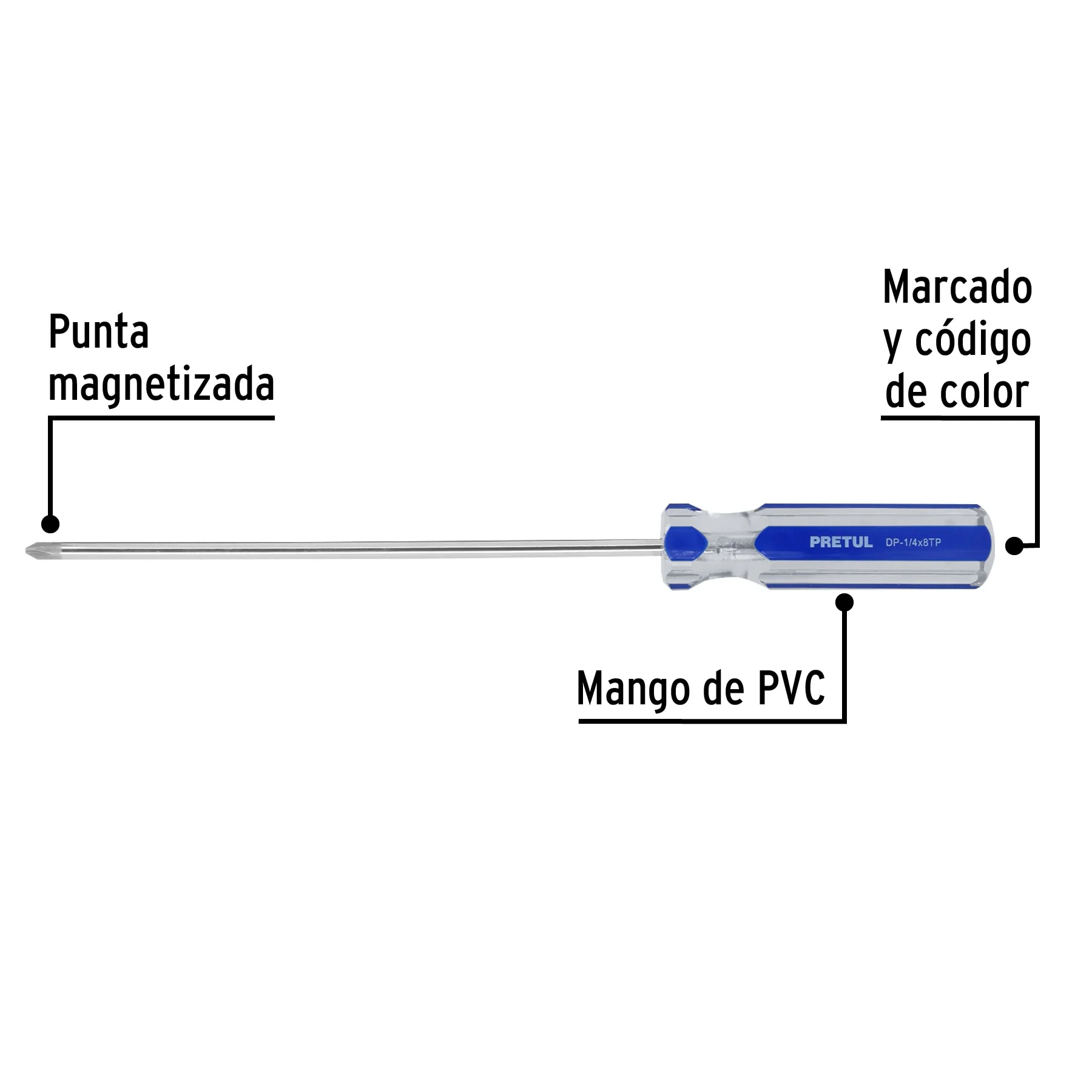 Desarmador de cruz 1/4 x 8' mango de PVC, PRETUL