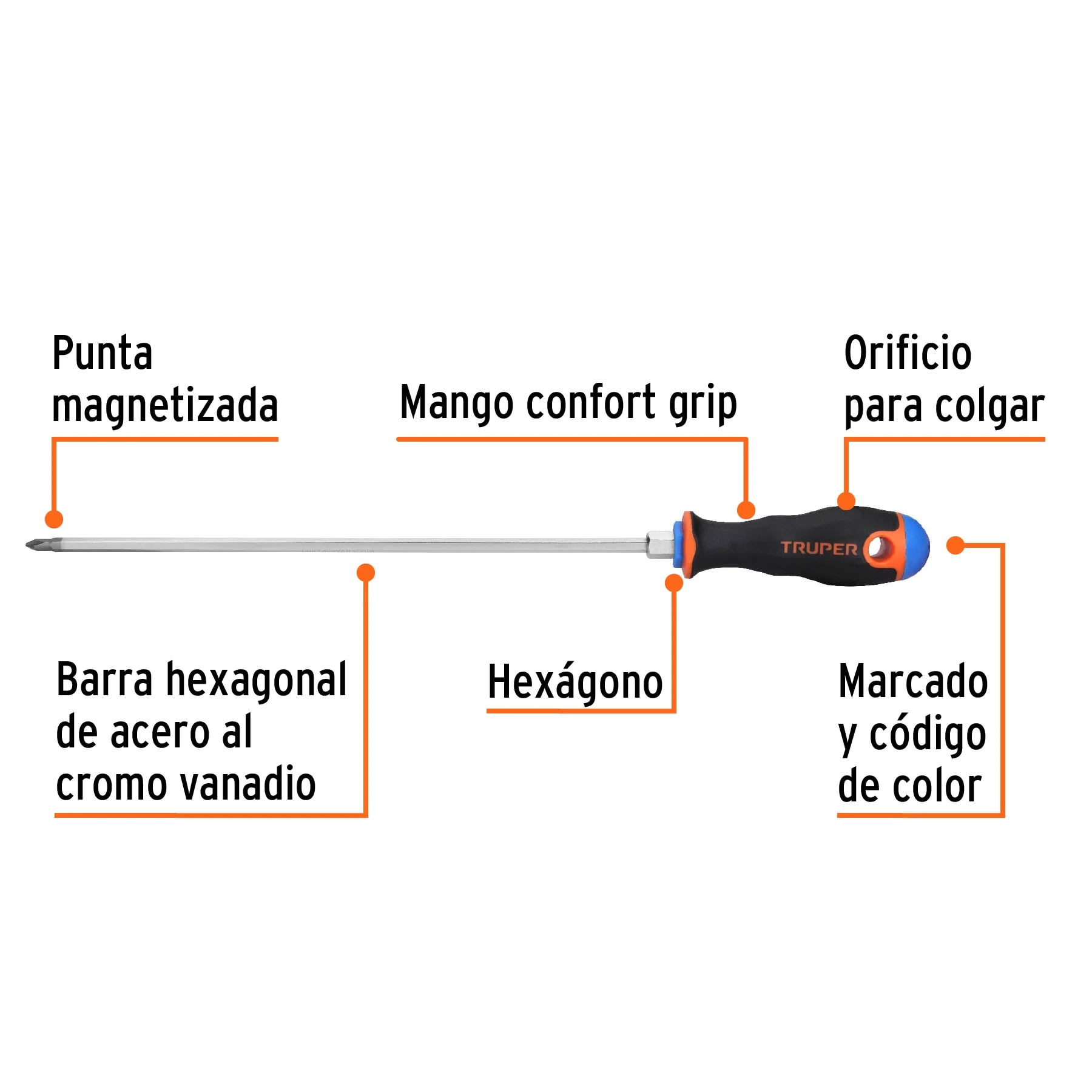 Desarmador de cruz 3/16' x 10' mango Comfort Grip, TRUPER