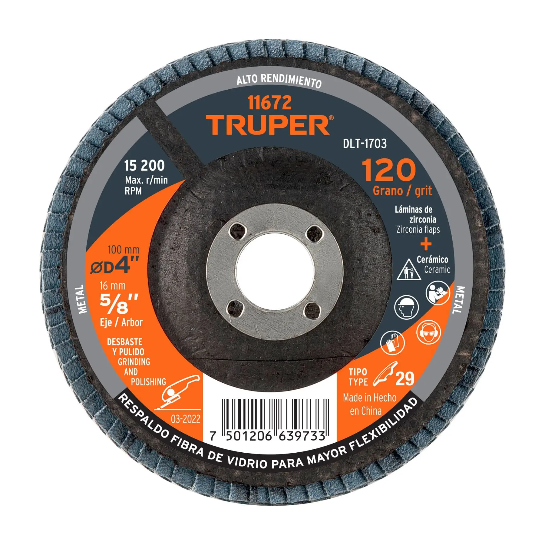 Disco laminado 4', grano 120 centro 5/8', fibra, TRUPER