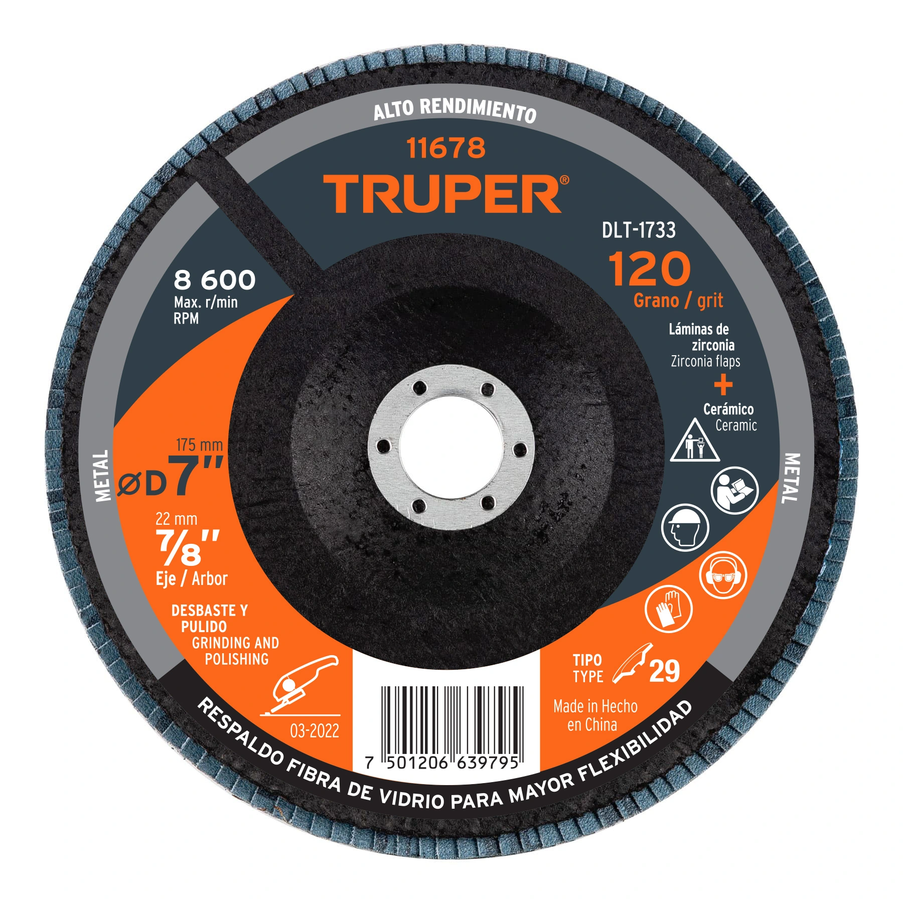 Disco laminado 7', grano 120 centro 7/8', fibra, TRUPER