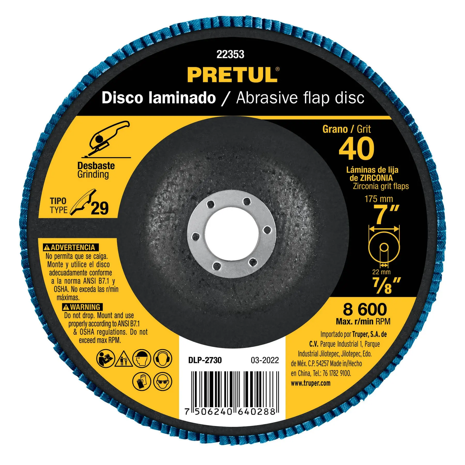 Disco laminado 7', grano 40 centro 7/8', fibra, PRETUL