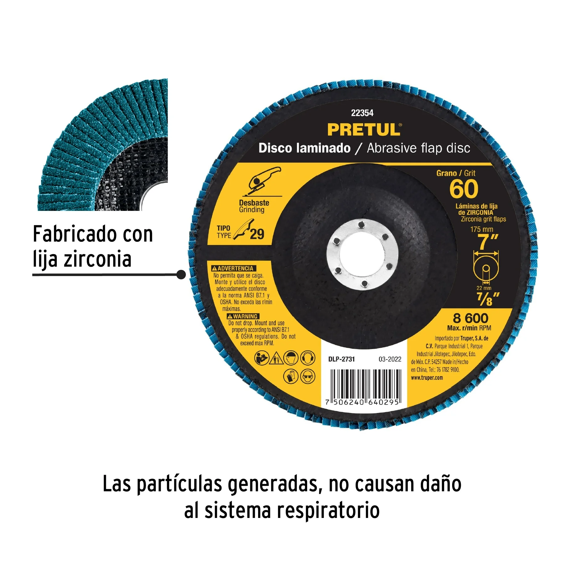 Disco laminado 7', grano 60 centro 7/8', fibra, PRETUL