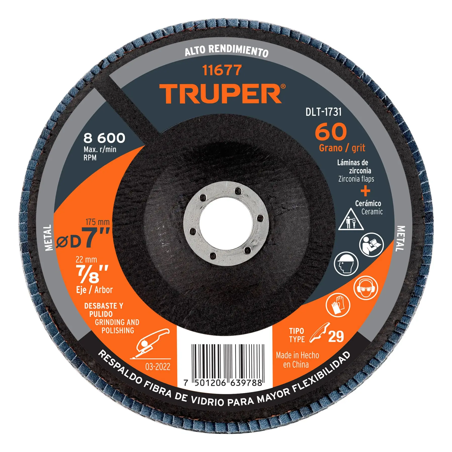 Disco laminado 7', grano 60 centro 7/8', fibra, TRUPER
