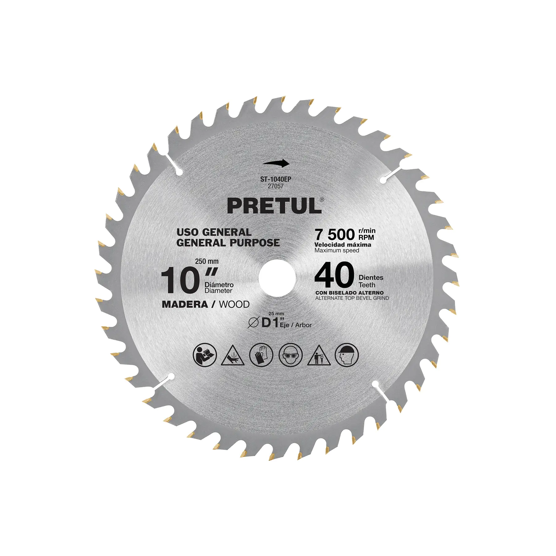 Disco sierra 10' para madera, 40 dientes centro 1', PRETUL