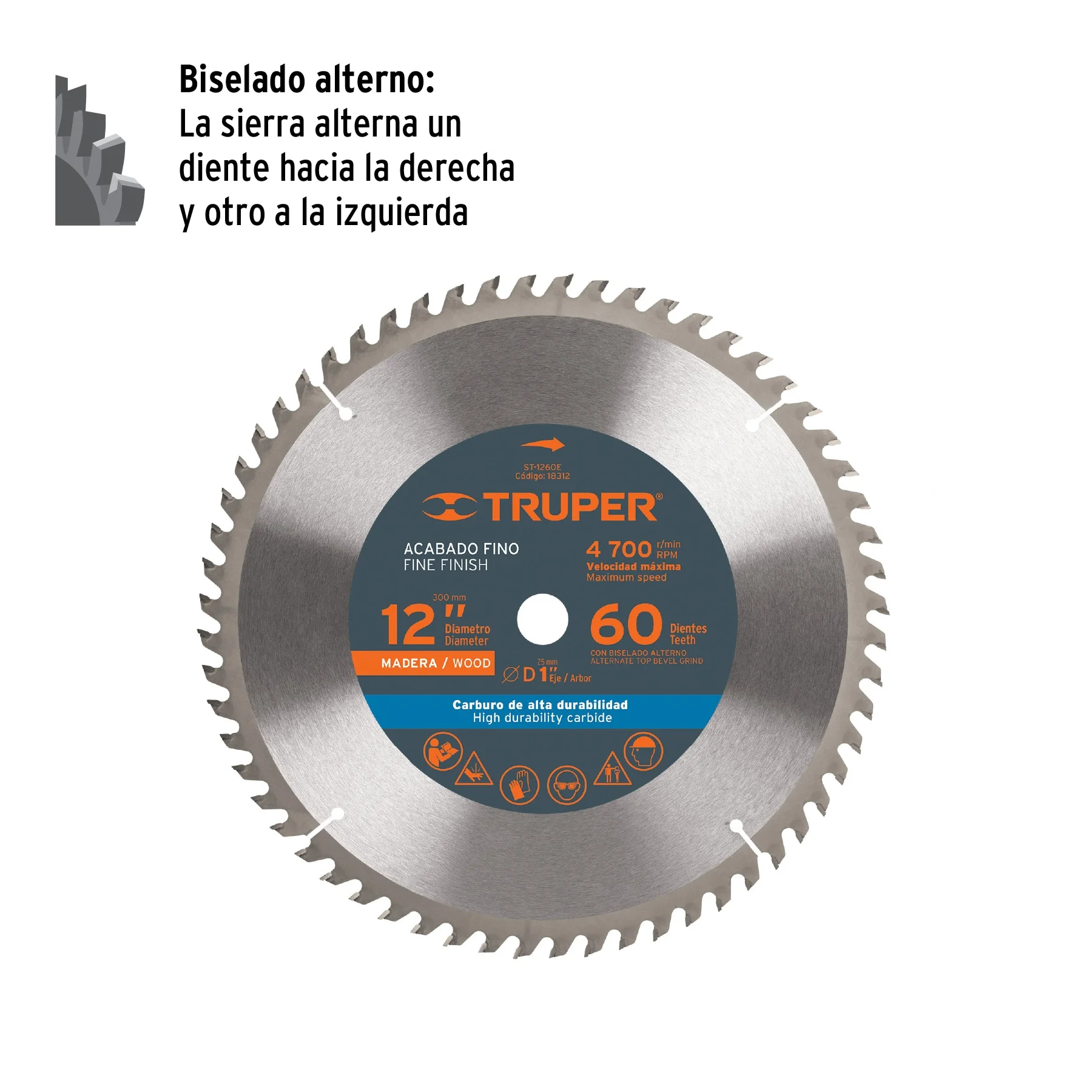Disco sierra 12' para madera, 60 dientes centro 1', TRUPER