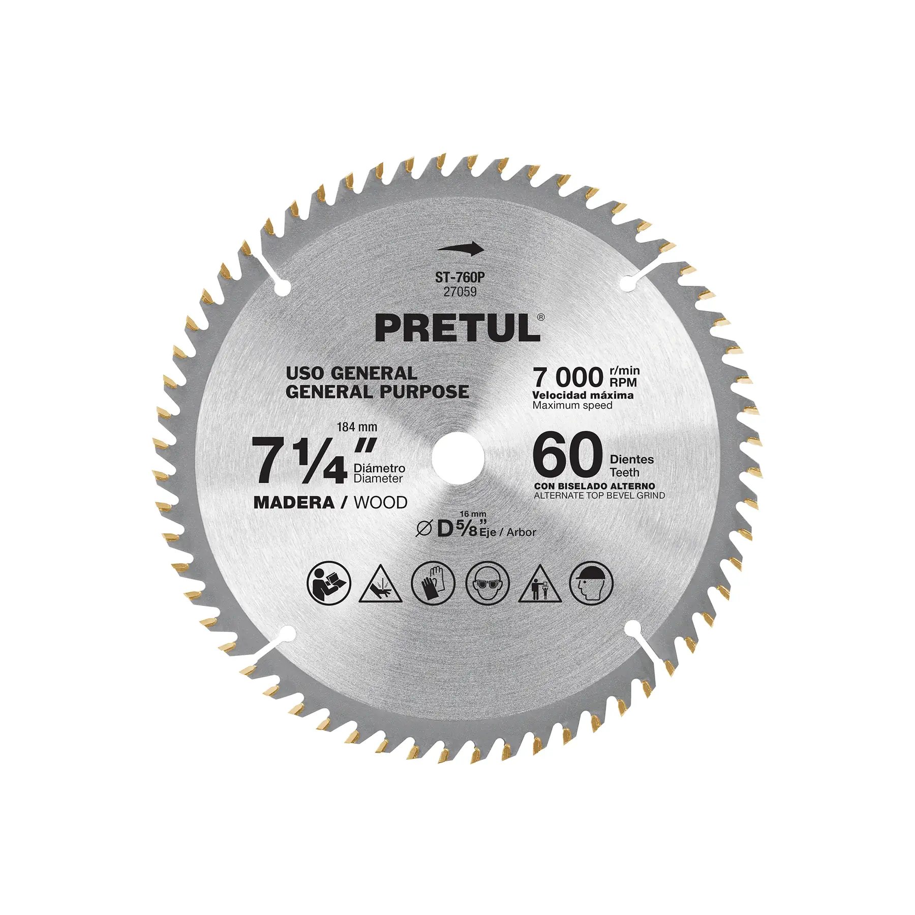 Disco sierra 7-1/4' p/madera, 60 dientes centro 5/8', PRETUL