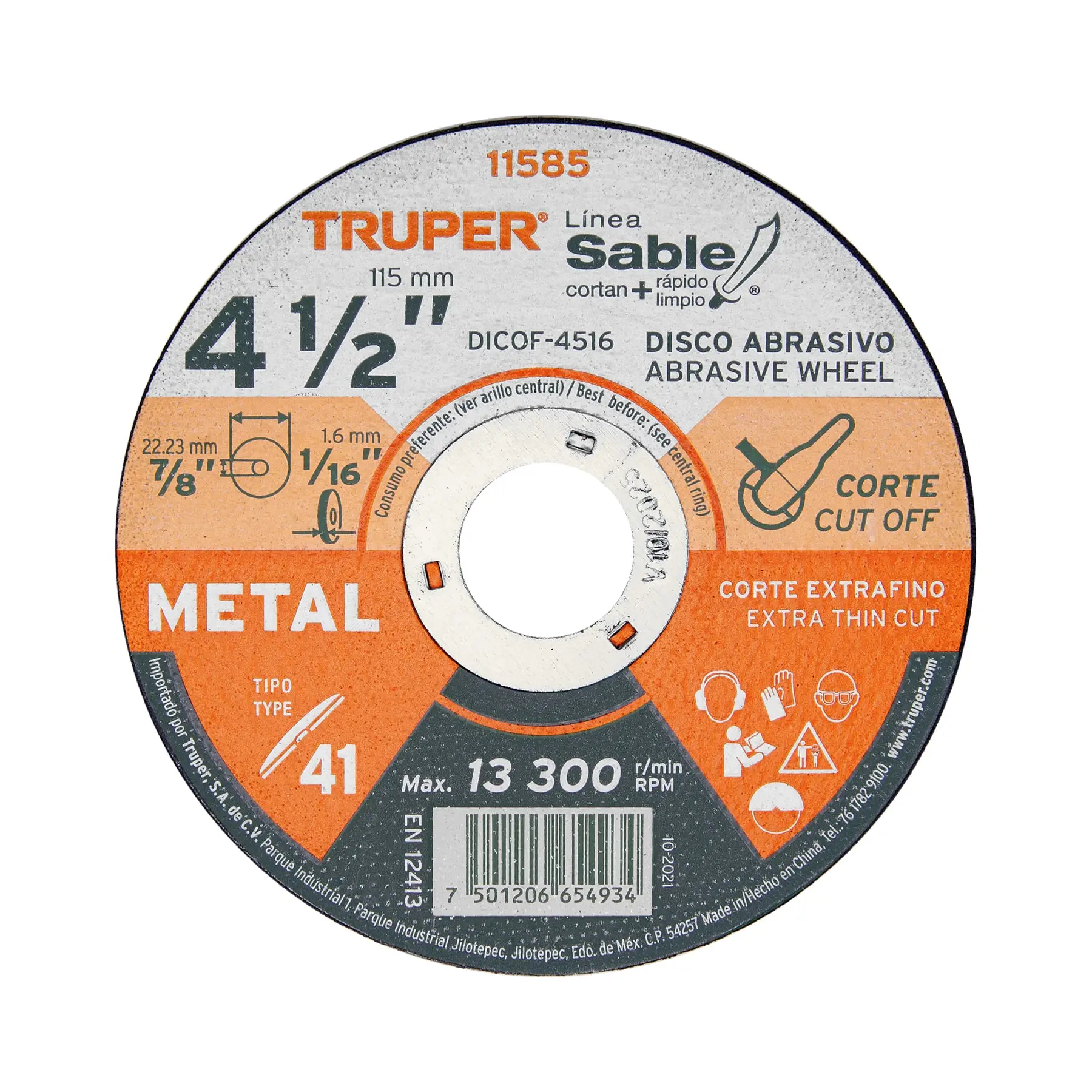 Disco abrasivo de corte preciso metal 4-1/2' x 1.6 mm TRUPER