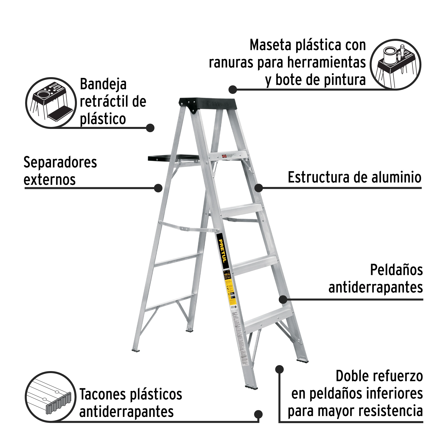 Escalera de tijera tipo III 4 escalones y bandeja, PRETUL