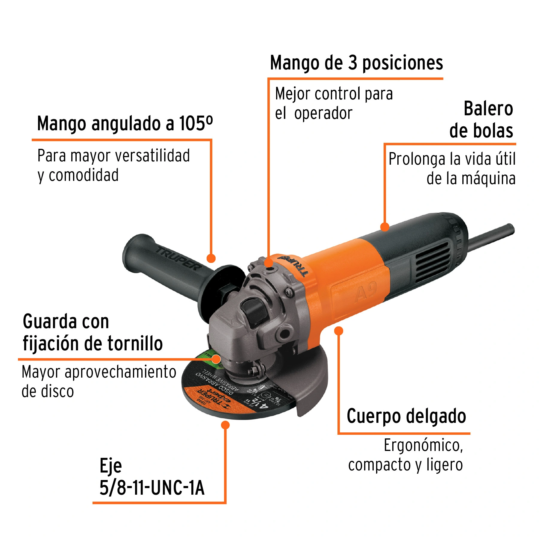 Esmeriladora angular 4-1/2', 800W, TRUPER PRO