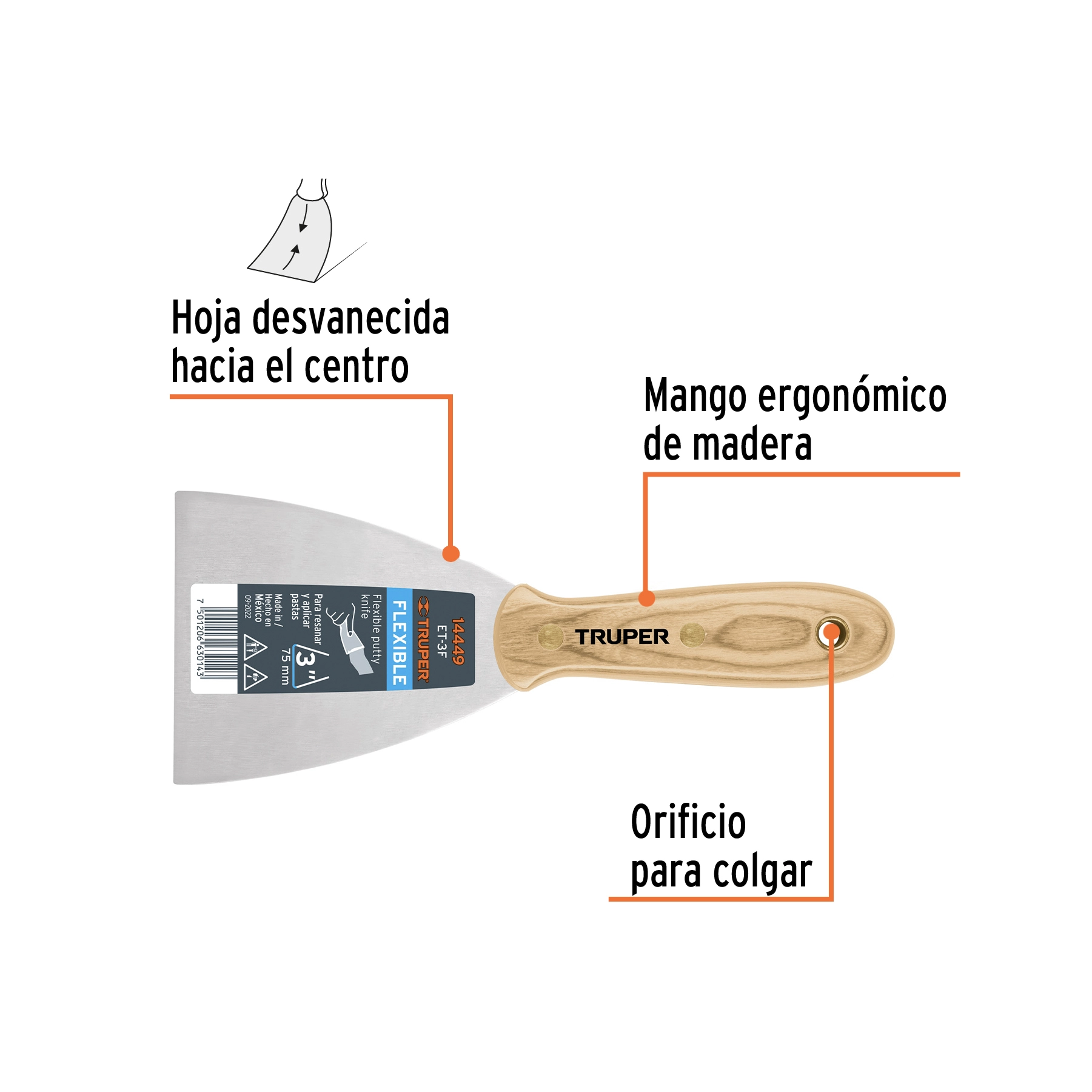 Espátula flexible 3' con mango de madera, TRUPER