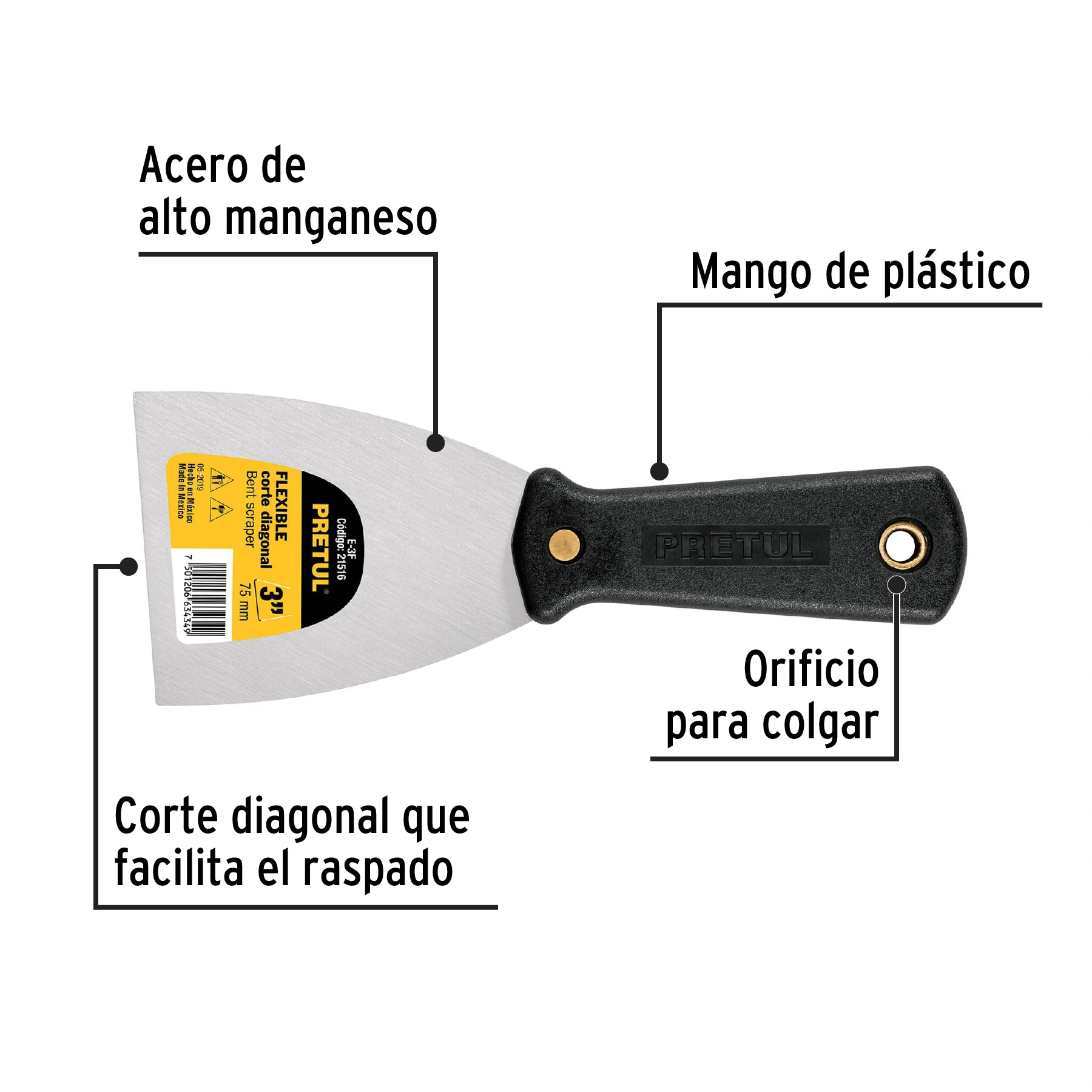 Espátula flexible 3' con mango de plástico, PRETUL
