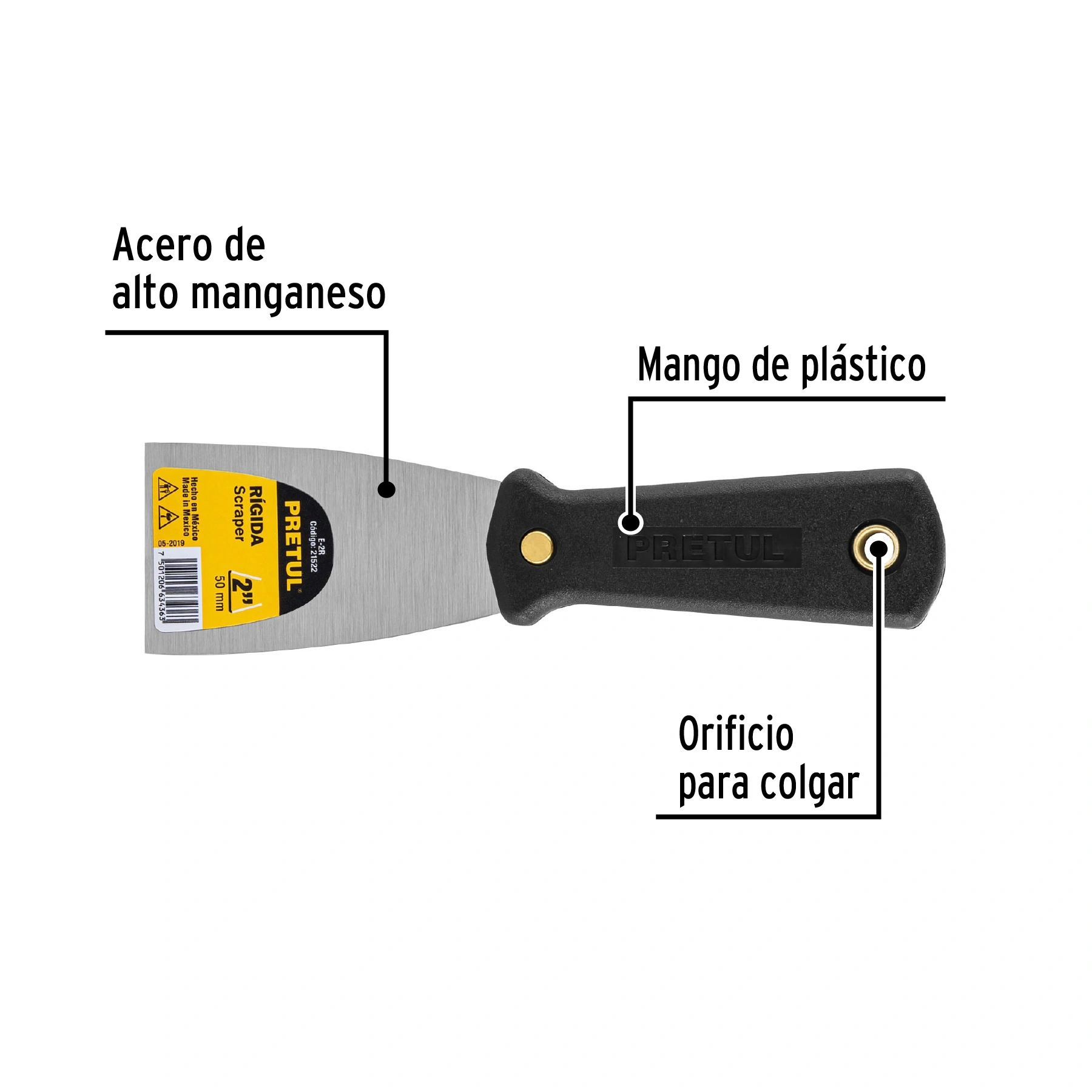 Espátula rígida 2' con mango de plástico, PRETUL