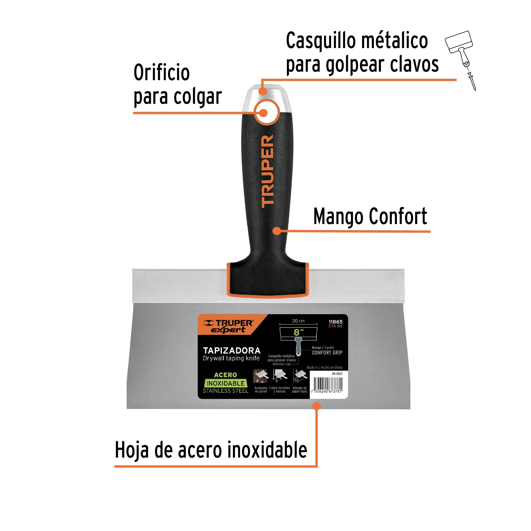 Espátula tapizadora de 8' acero inoxidable, TRUPER EXPERT