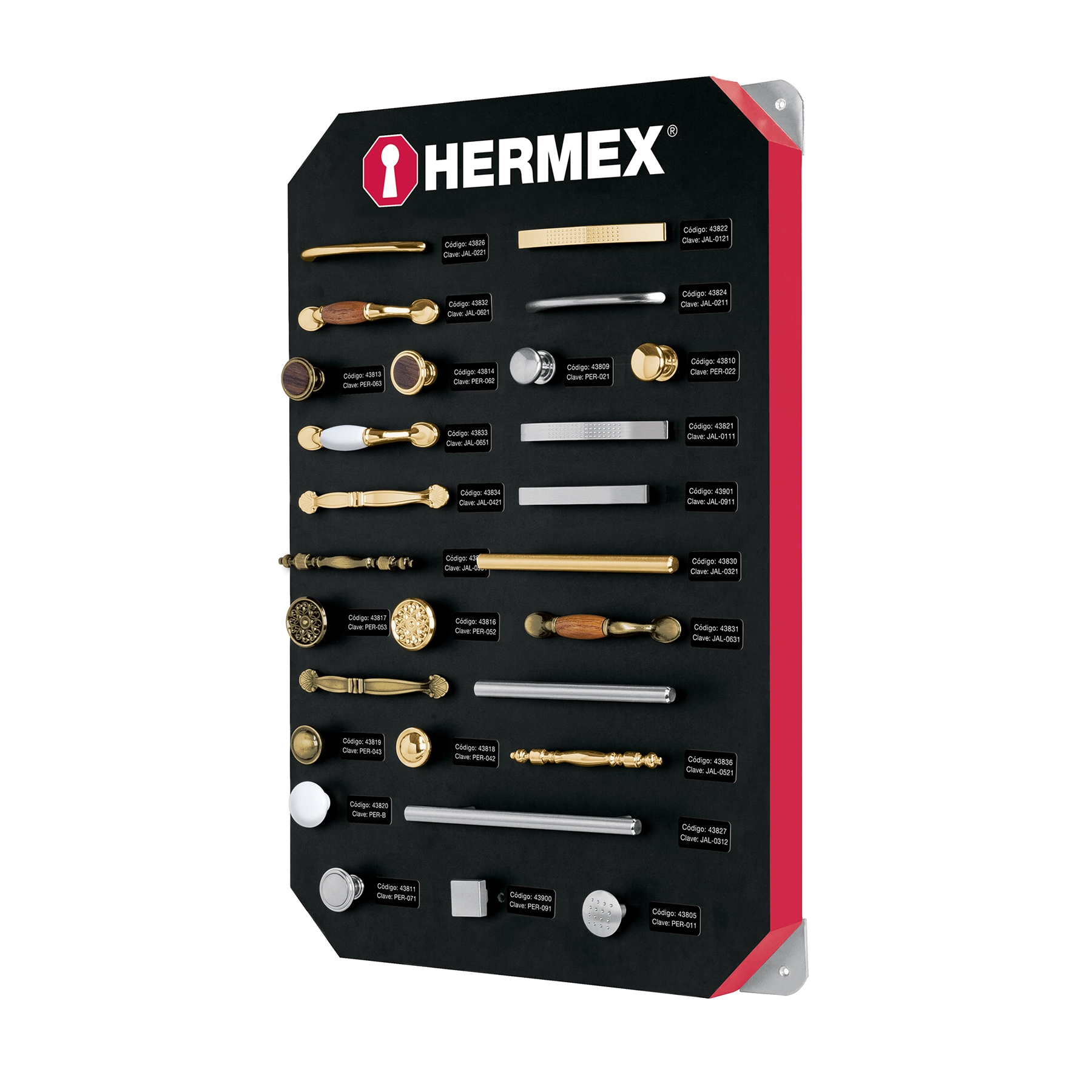 Exhibidor con jaladeras y perillas, 1 tablero, HERMEX