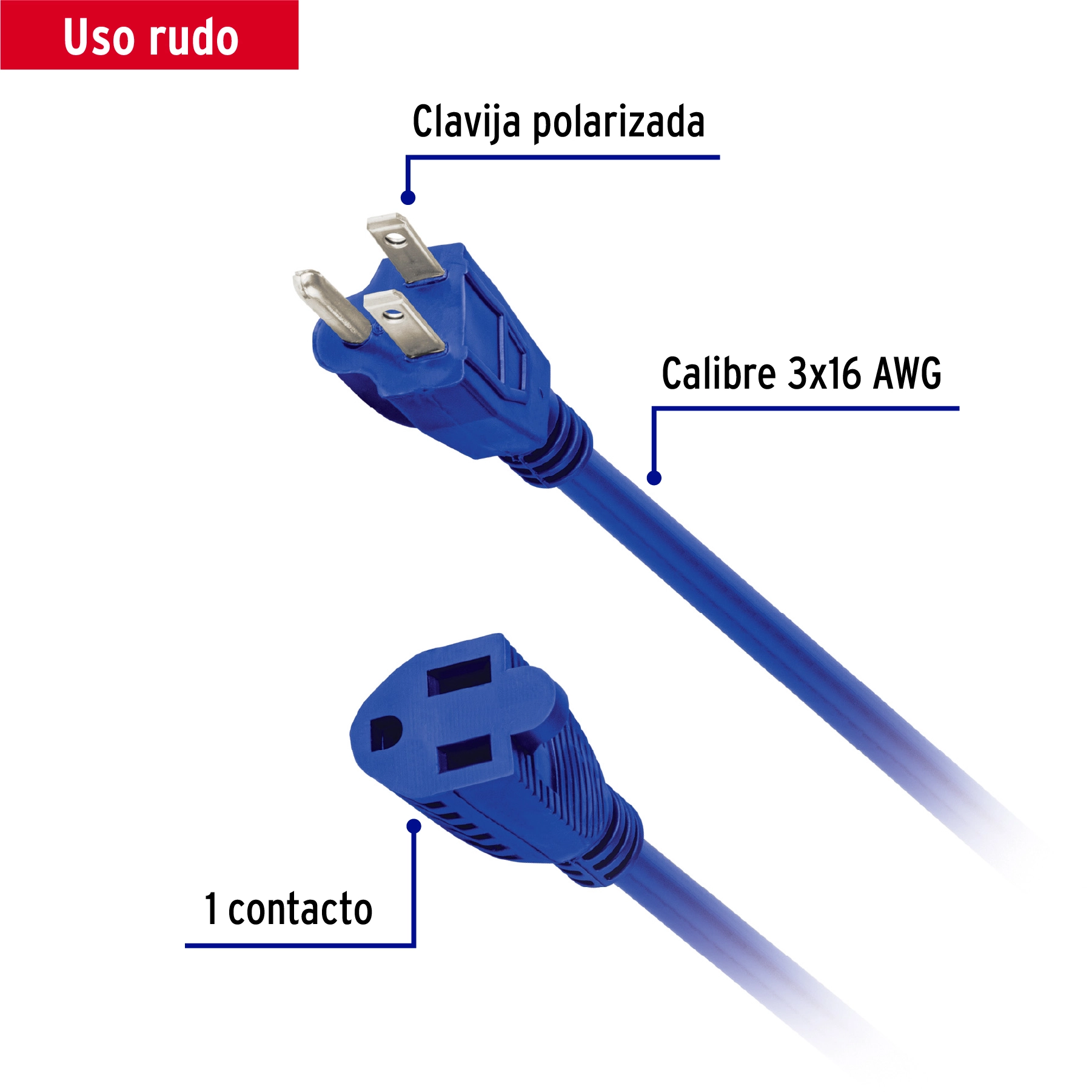 Extensión de uso rudo aterrizada 2 m calibre 16, VOLTECK