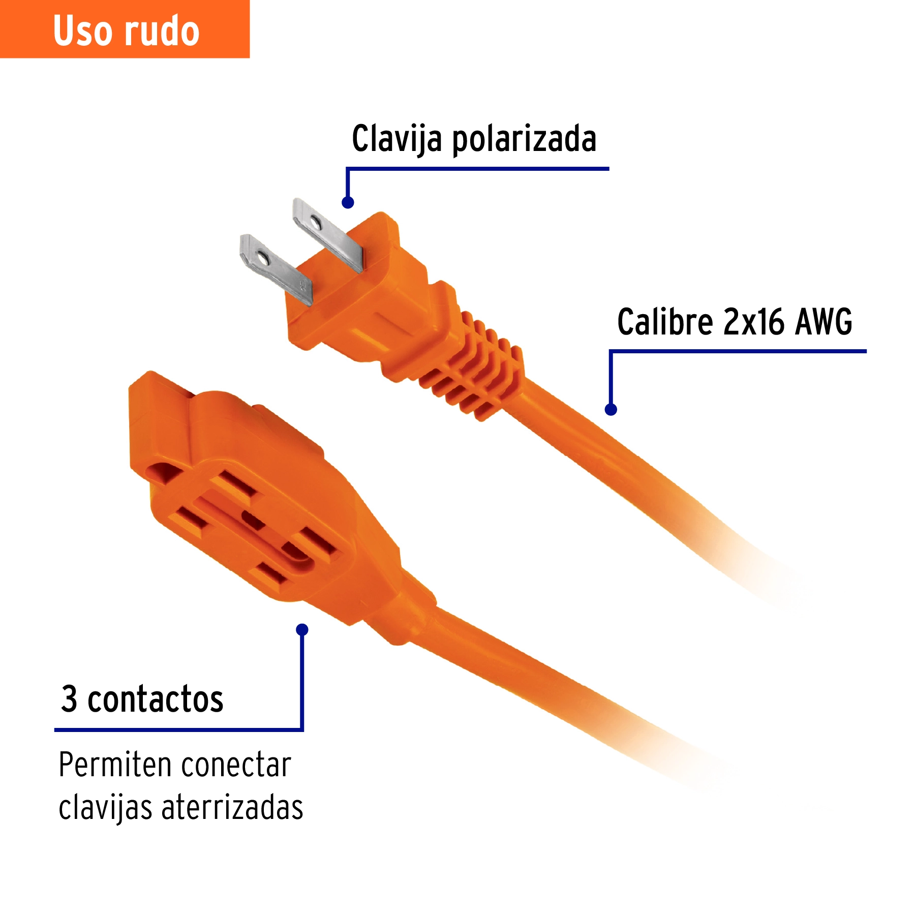 Extensión eléctrica de uso rudo 15 m 2x16 AWG, VOLTECK
