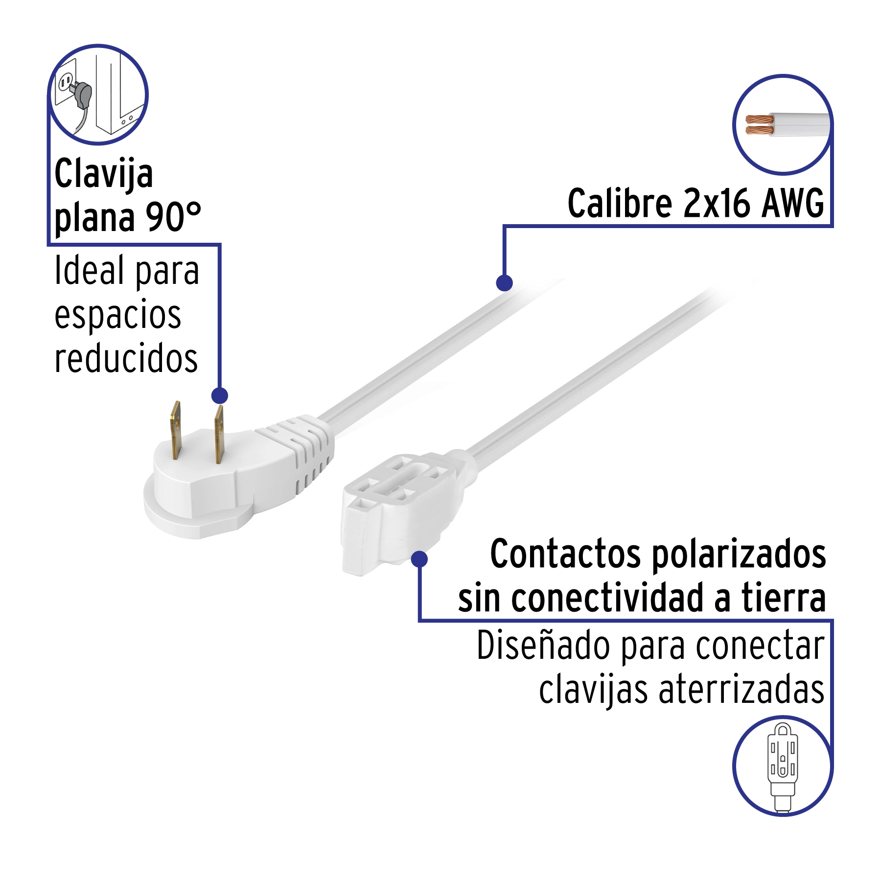 Extensión eléctrica doméstica 3 m clavija plana, blanca