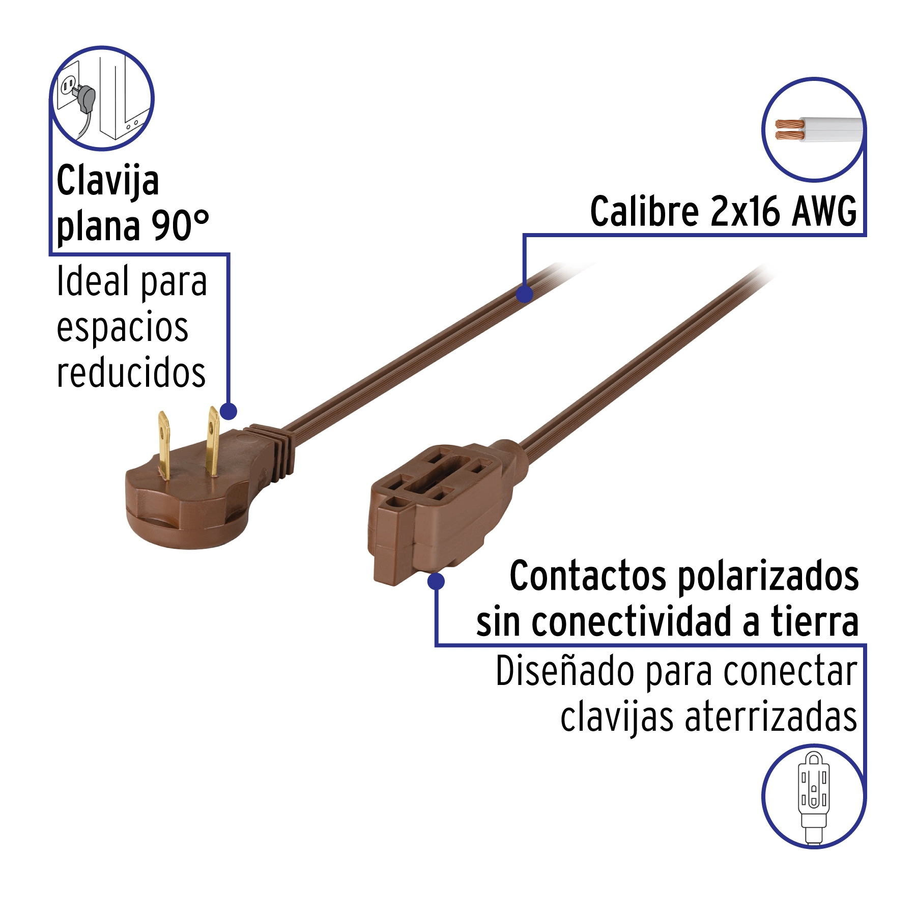 Extensión eléctrica doméstica 3 m clavija plana, café