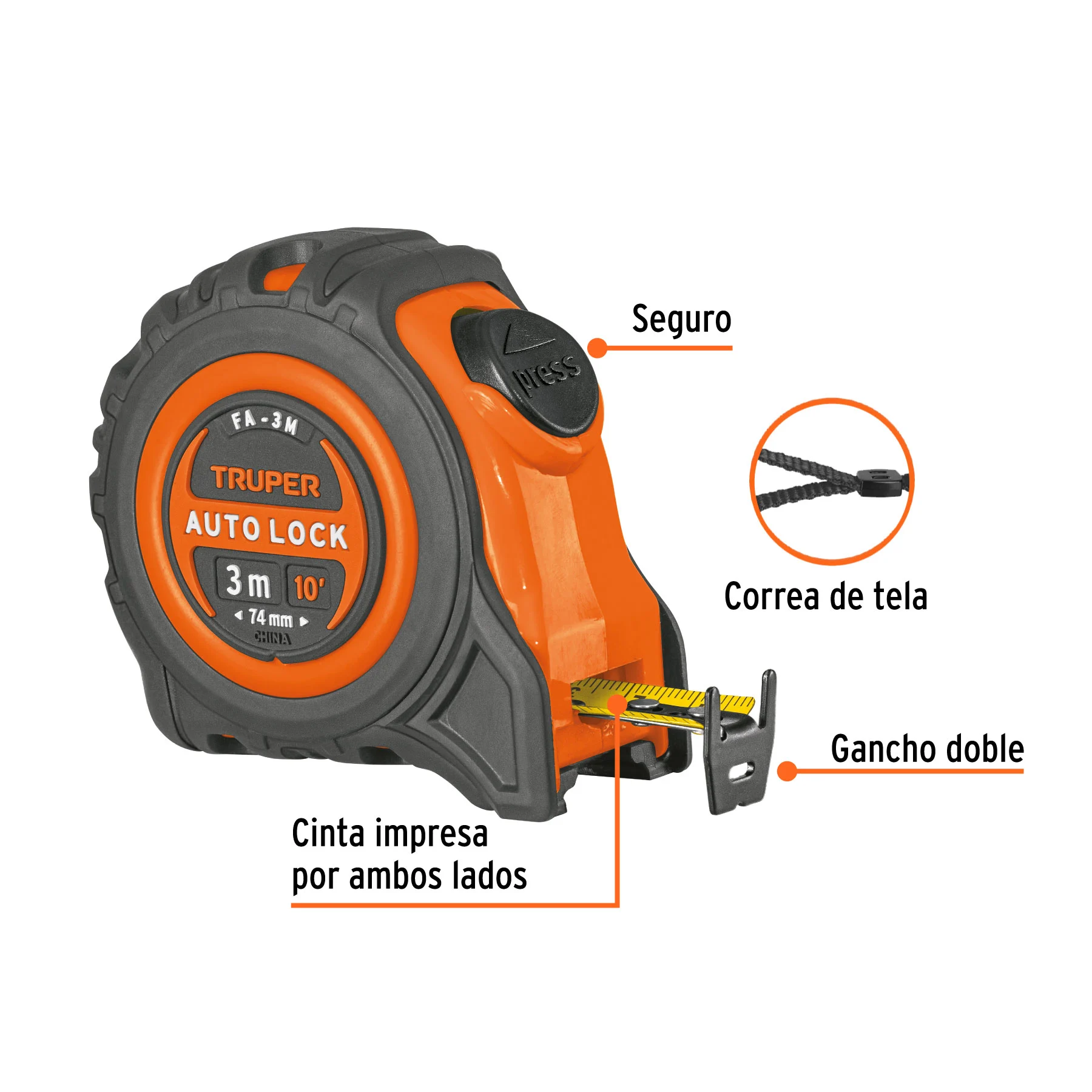 Flexómetro Auto-Lock contra impactos 3 m cinta 16 mm, TRUPER