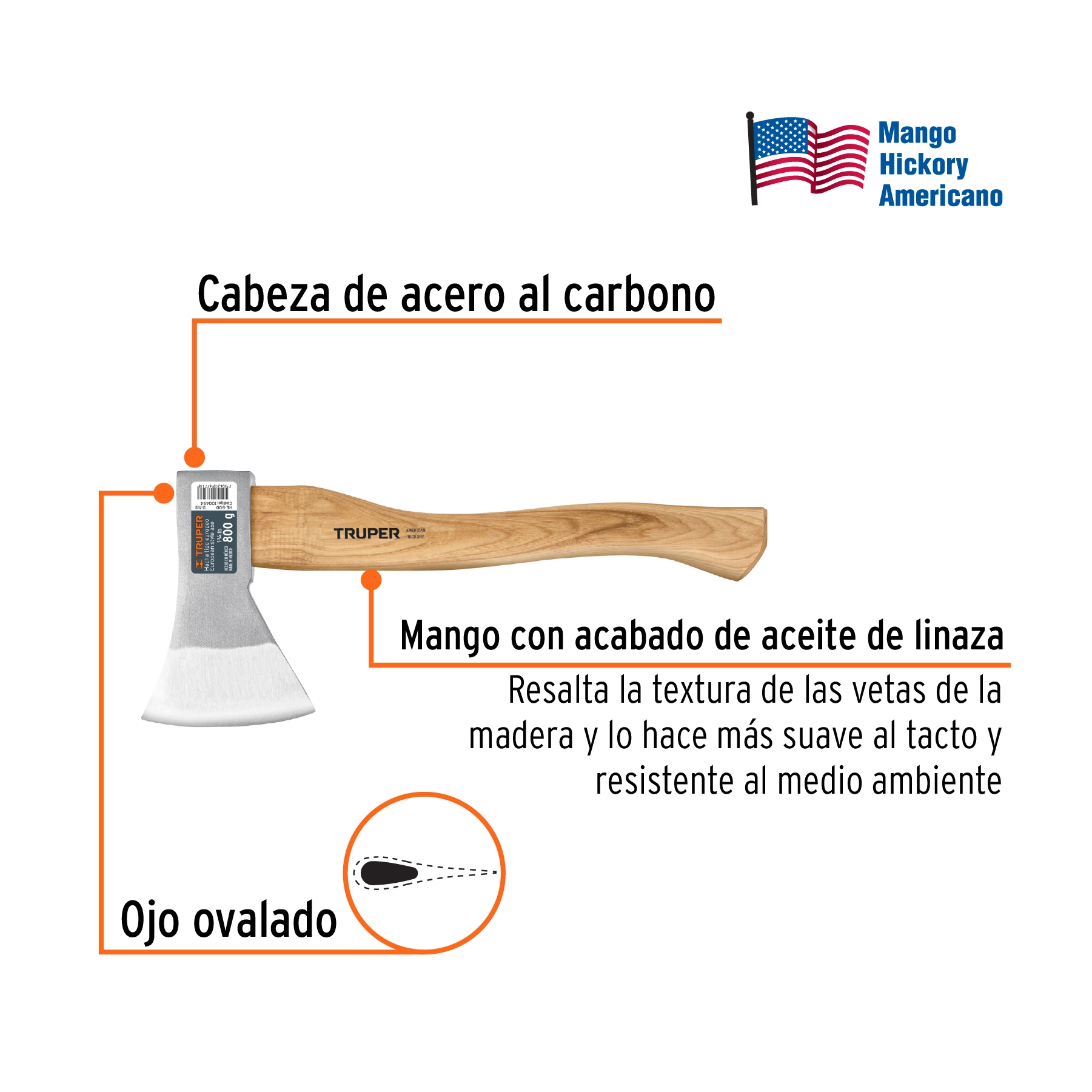 Hacha europea, 800 g, mango hickory 15', TRUPER