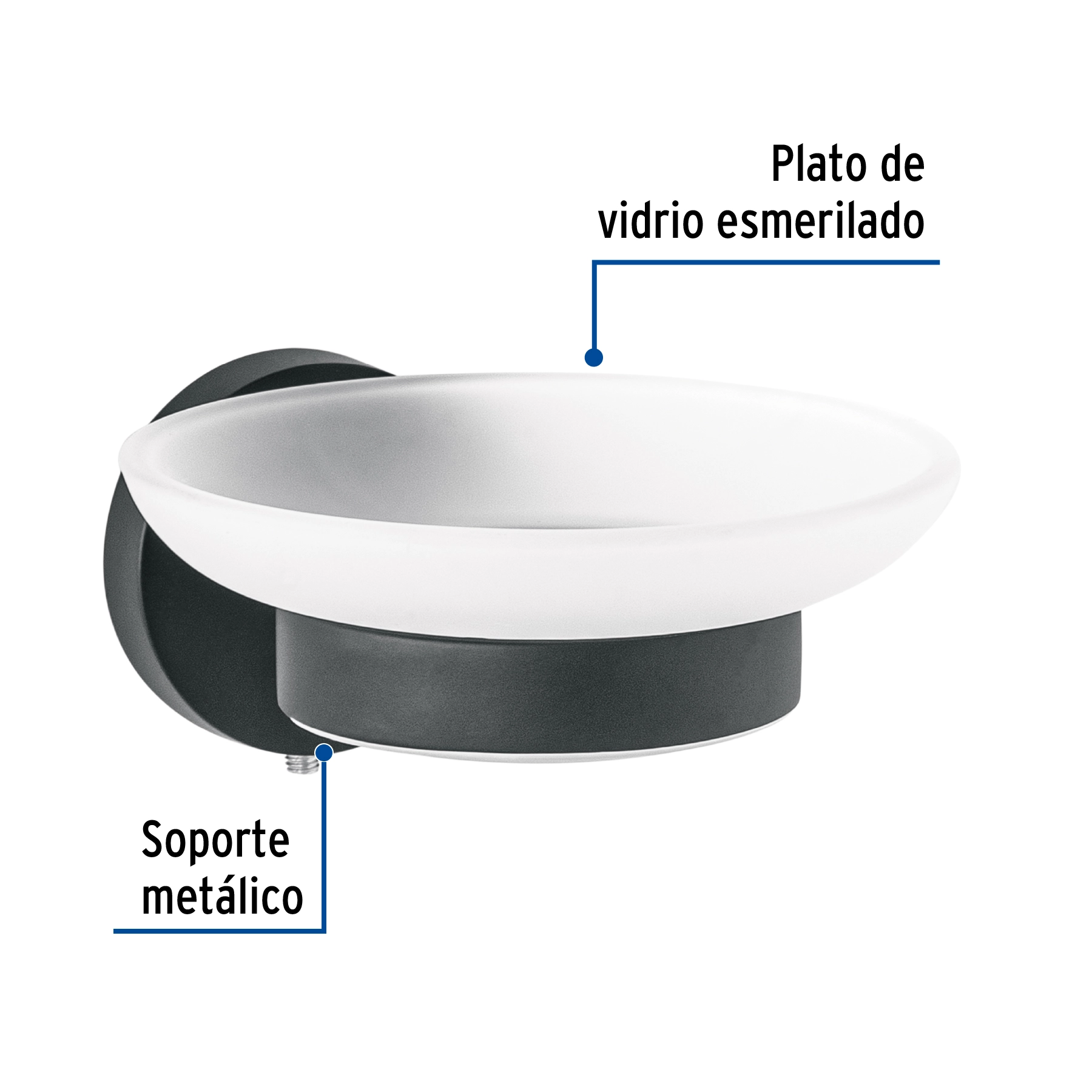 Jabonera metálica negro con plato de vidrio, FOSET TÚBIG