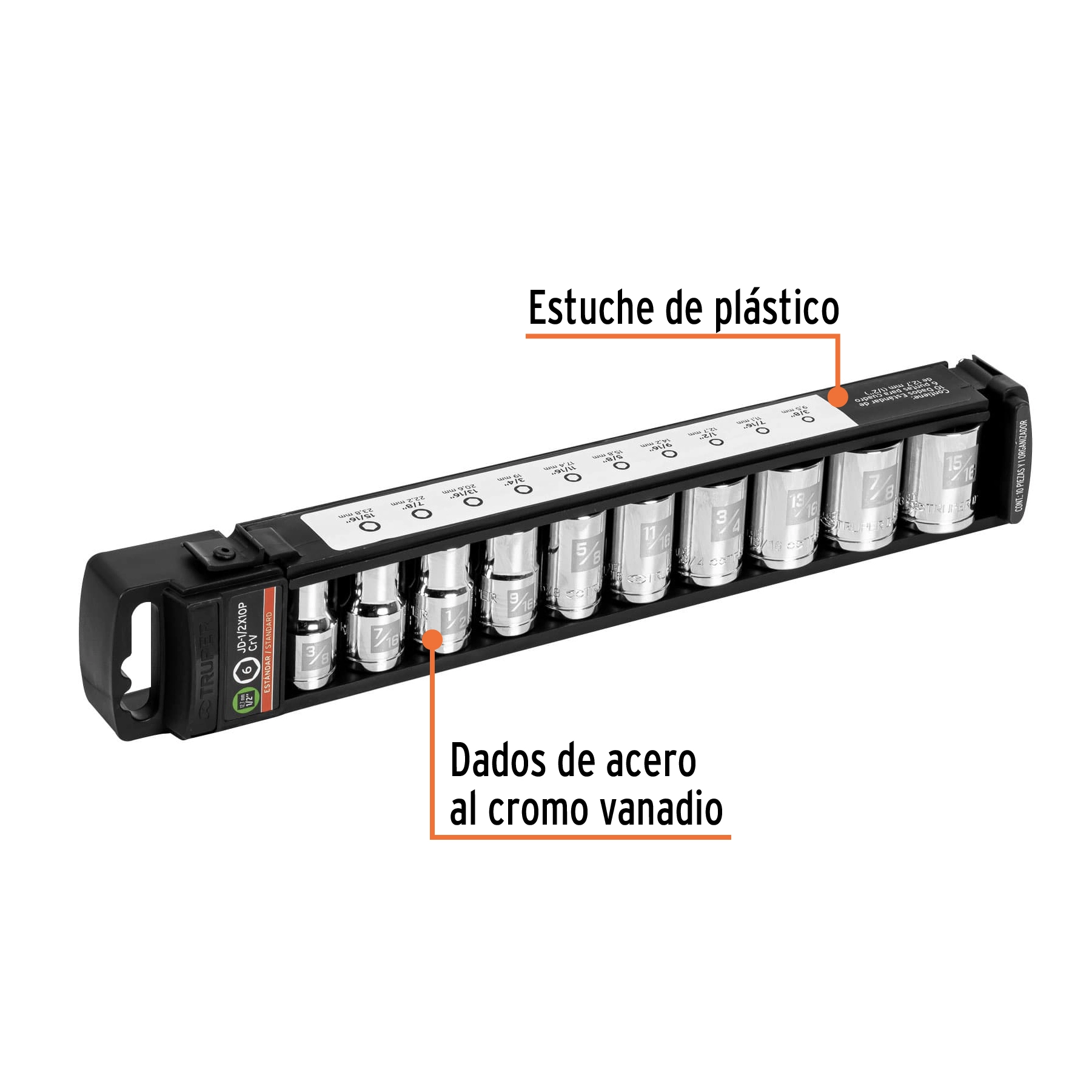 Juego de 10 dados cuadro 1/2' std, TRUPER
