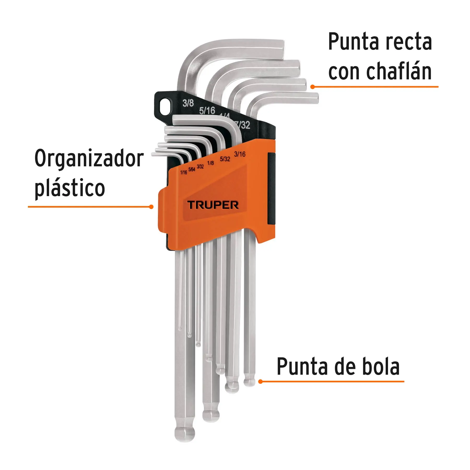 Juego de 10 llaves hexagonales std largas, punta de bola