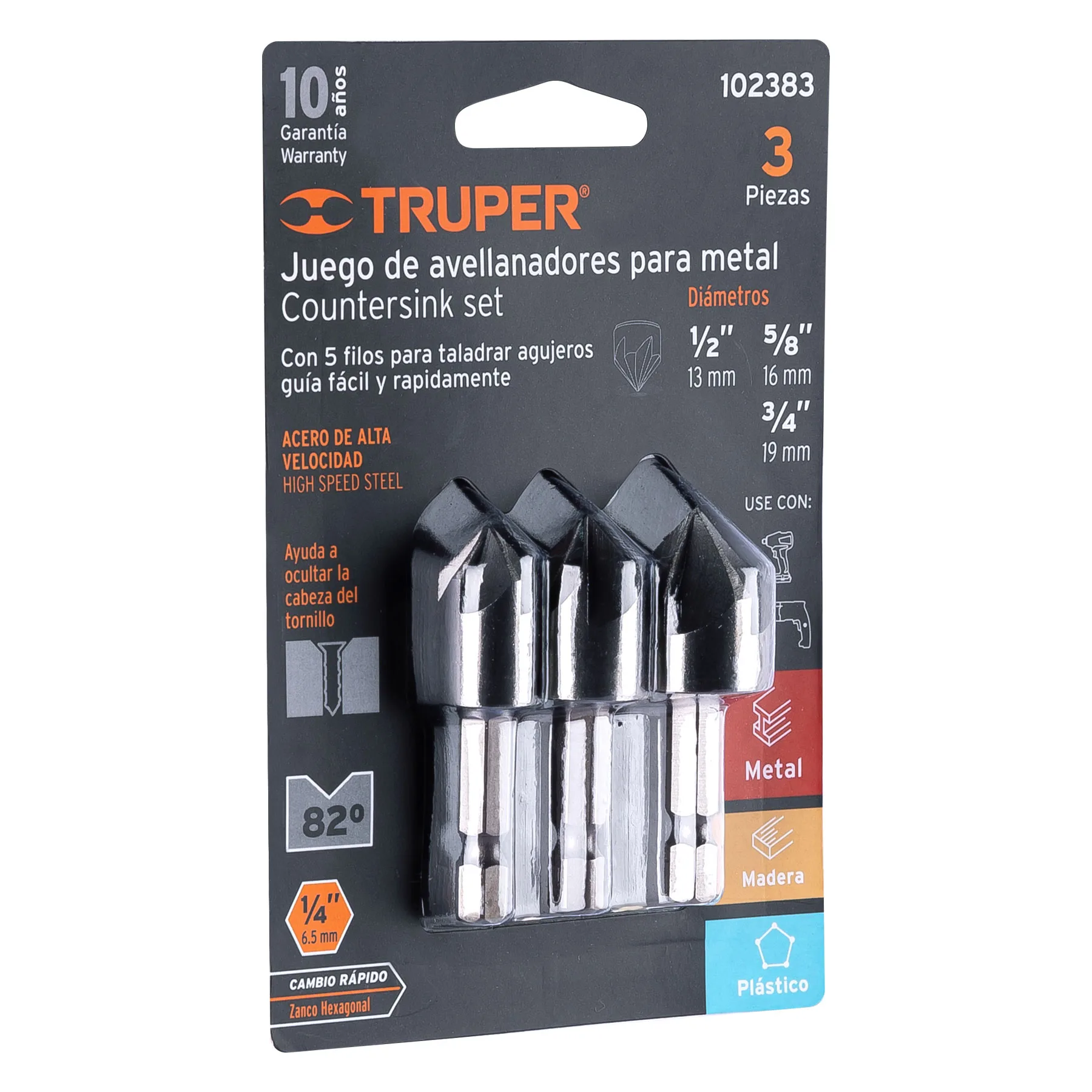Juego de 3 avellanadores HSS, TRUPER