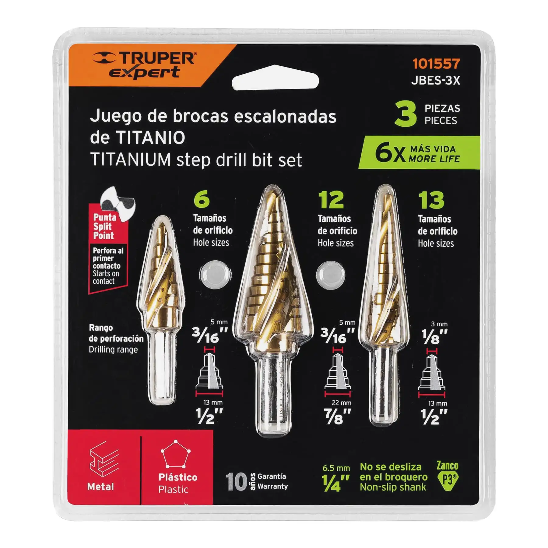 Juego de 3 brocas escalonadas de titanio, TRUPER EXPERT