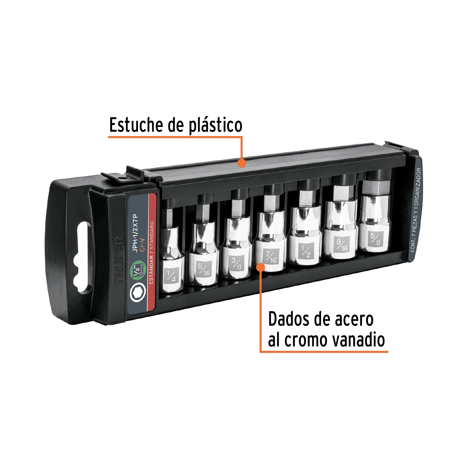 Juego de 7 dados cuadro 1/2' punta hexagonal std, TRUPER