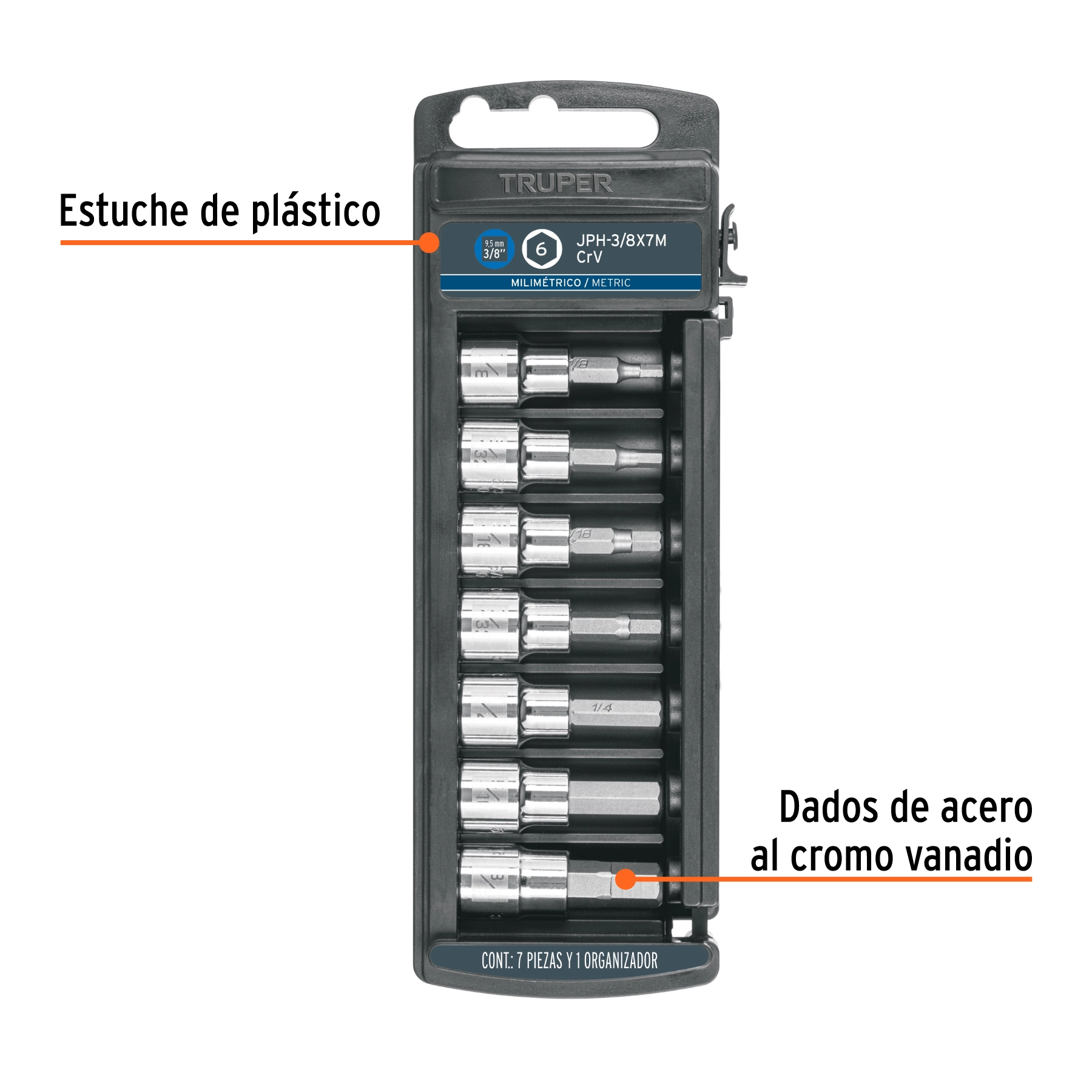 Juego de 7 dados cuadro 3/8' punta hexagonal mm, TRUPER